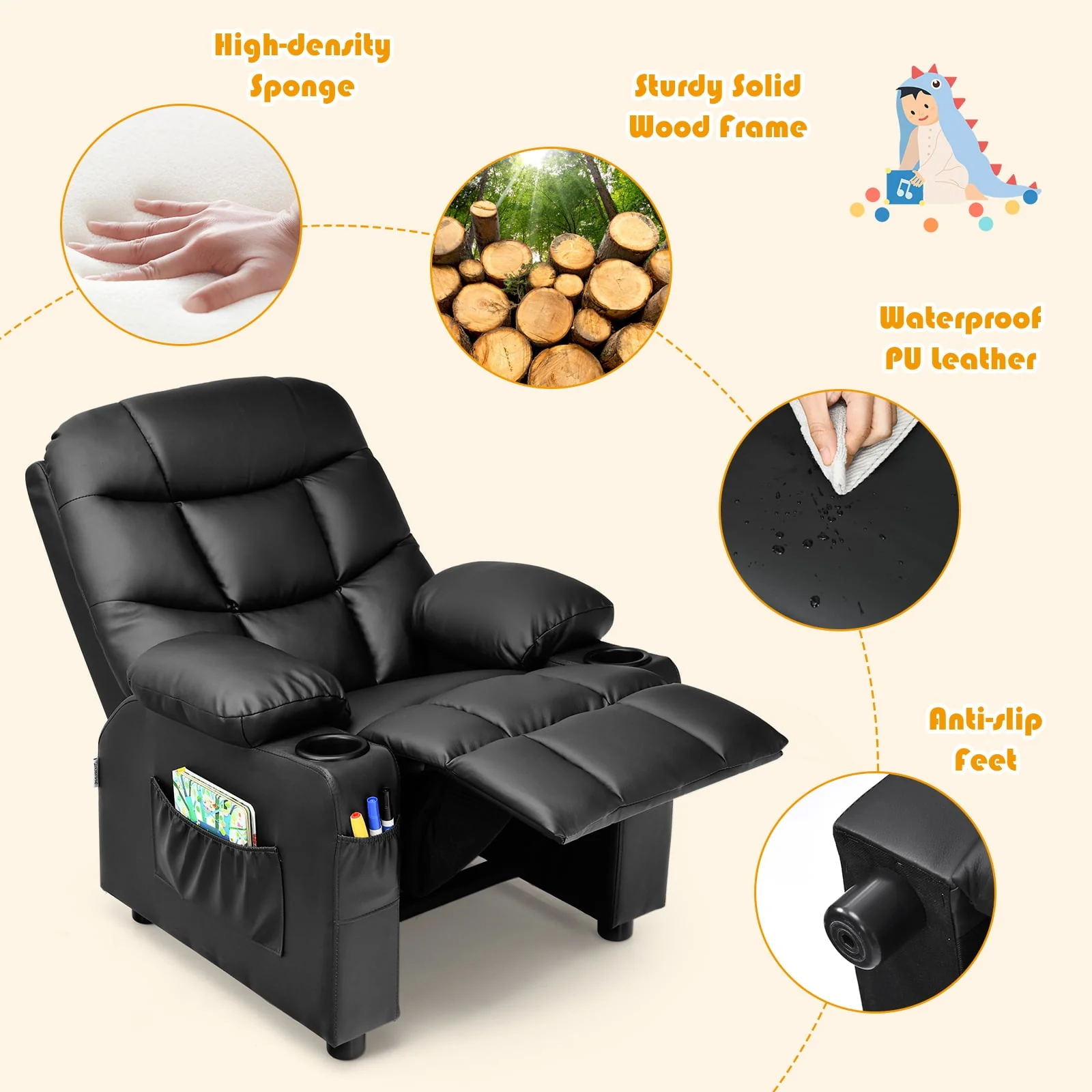 Infans Kids Youth Recliner Chair PU Leather W/Cup Holders & Side Pockets Black