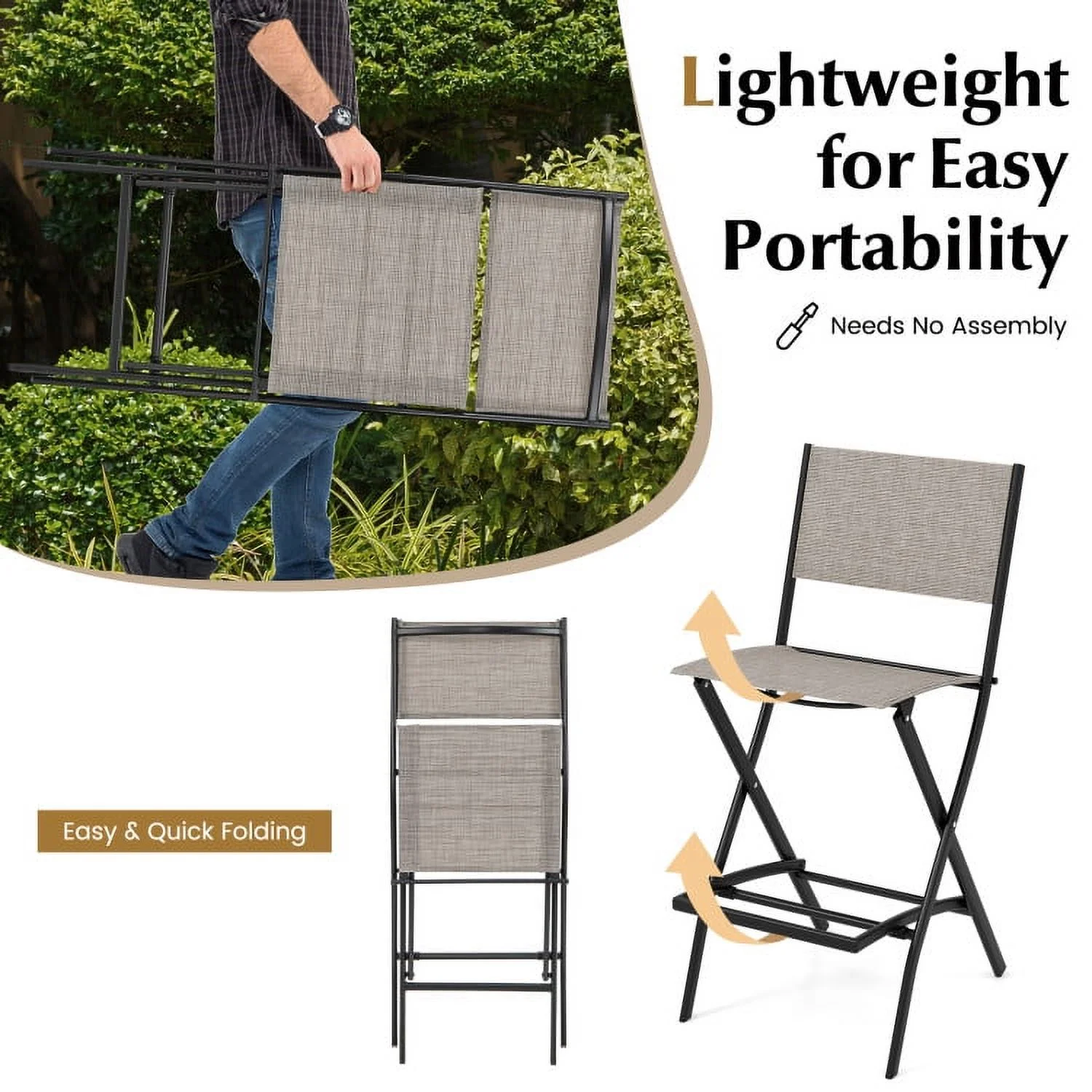 Spaco Outdoor Folding Bar Height Stool Set of 4 with Metal Frame and Footrest-Coffee, Outdoor Stackable Dining Chairs for All Weather, Breathable Garden Outdoor Furniture for Backyard Deck