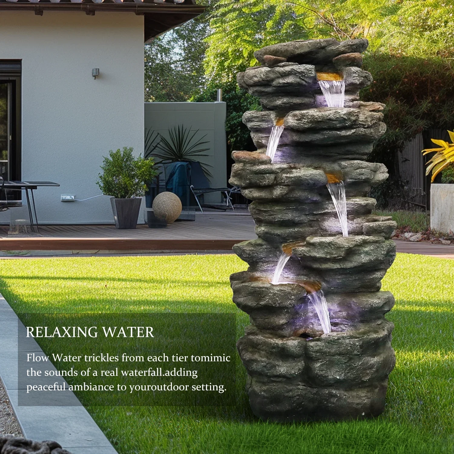 Willwolf Outdoor Water Fountain with LED Lights, 6-Tiered Electric Resin Waterfall for Garden Patio Lawn Yard and Porch