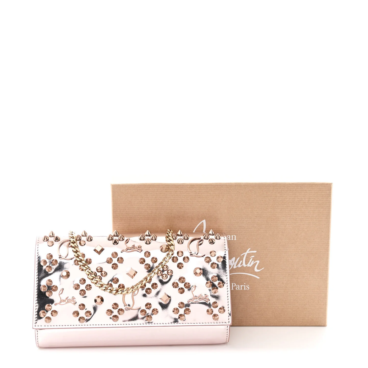 Metallic Patent Calfskin Spikes Loubinthesky Paloma Clutch Pink