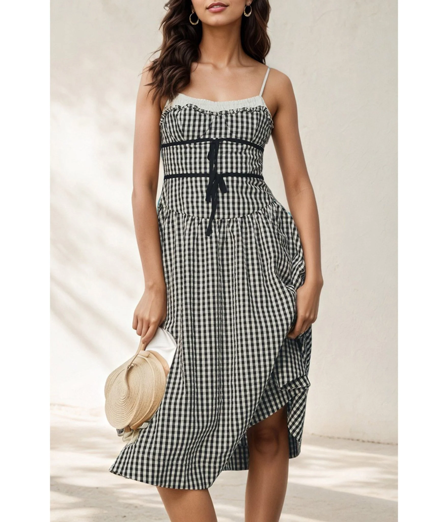 Black Gingham Spaghetti Strap Midi Dress