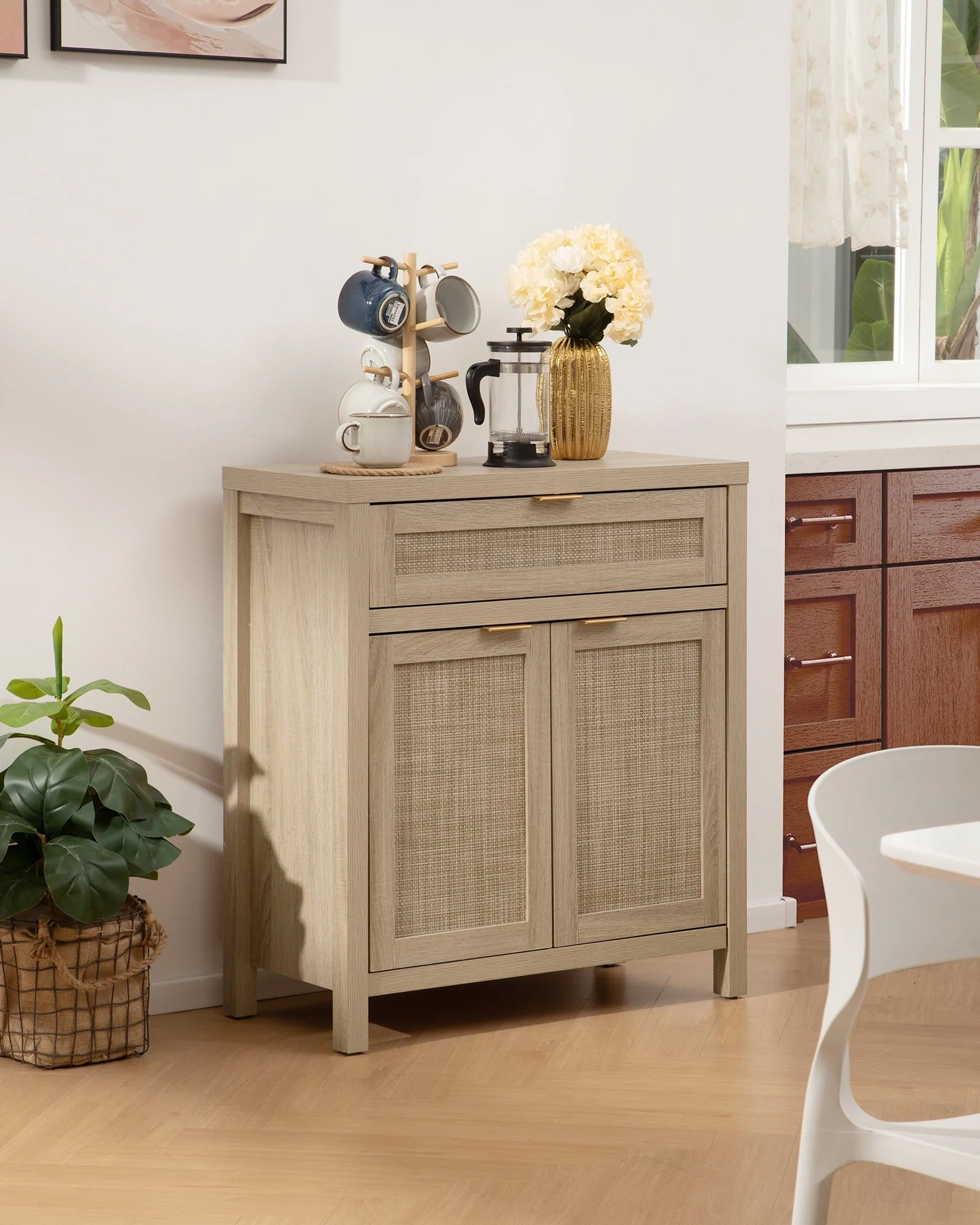 Nopurs Rattan Sideboard Buffet Cabinet, Boho Storage Cabinet Buffet Table with Doors and Drawer, Coffee Bar Cabinet for Kitchen Entryway Living Dining Room, Light Oak