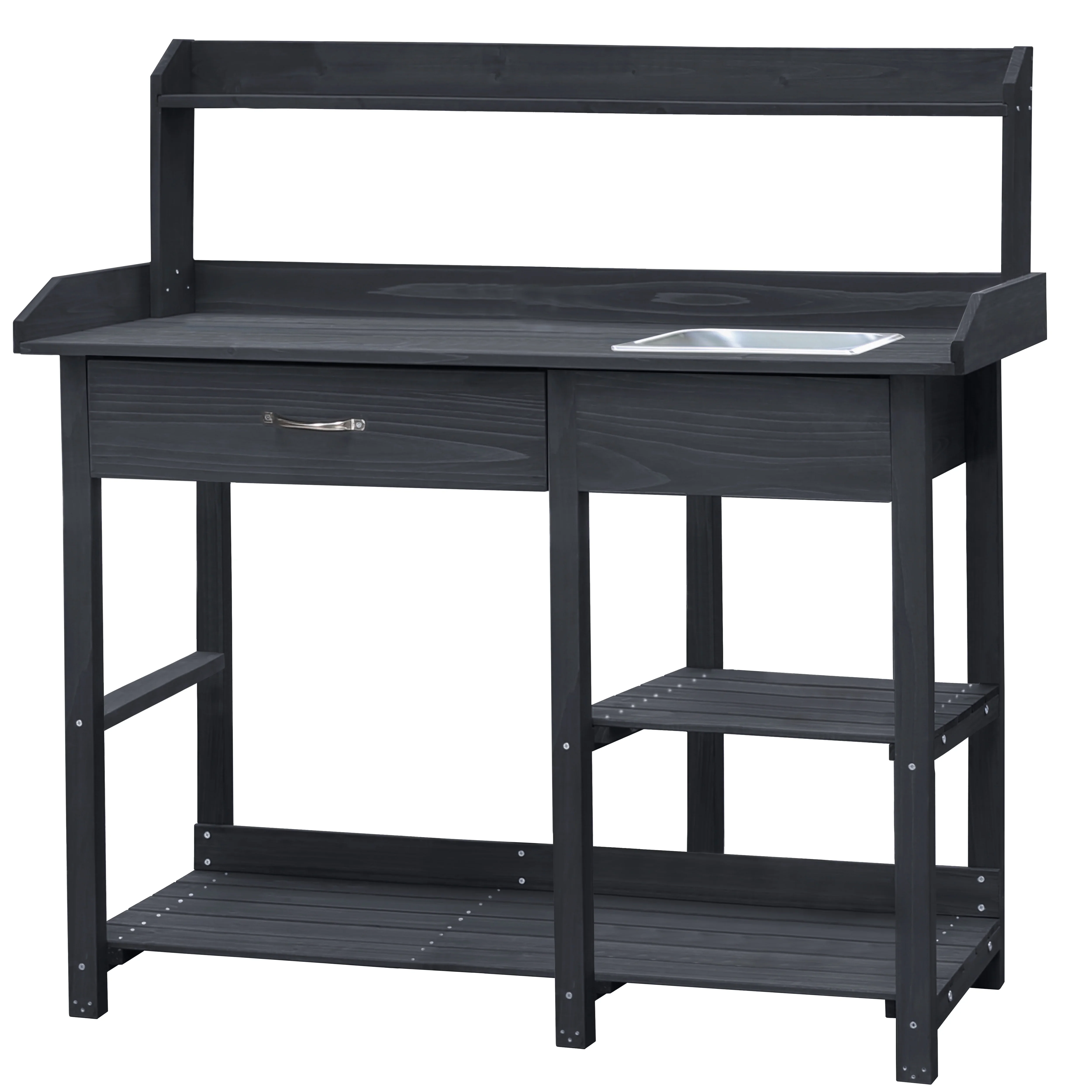 VEIKOUS Wood Potting Bench Garden Table w/ Removable Stainless Sink & Shelves, Natural