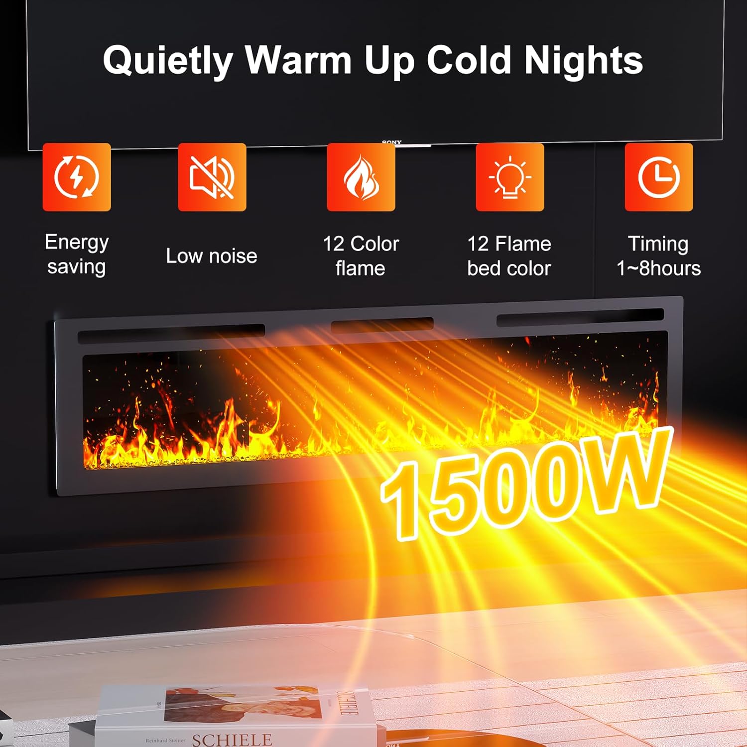 60Inch Electric Fireplace Wall Recessed/Wall Mounted with Adjustable Flame Color, Fireplace Heater with Remote Control, Linear Fireplace with 8 Timer, Touch Screen, 750/1500W (60