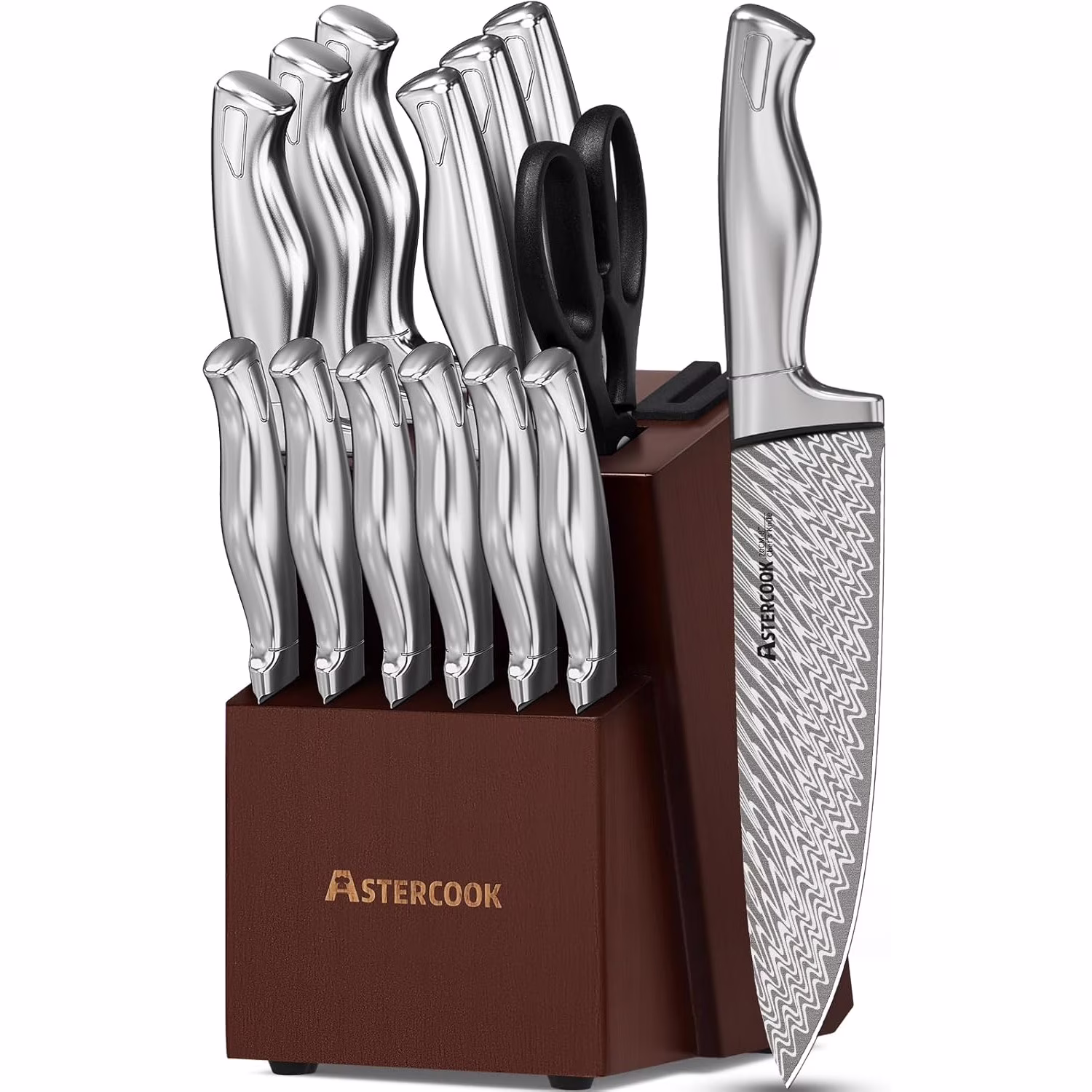 15-Piece Kitchen Knife Set with Block, Built-in Knife Sharpener, German Stainless Steel Knife Block Set, Dishwasher Safe