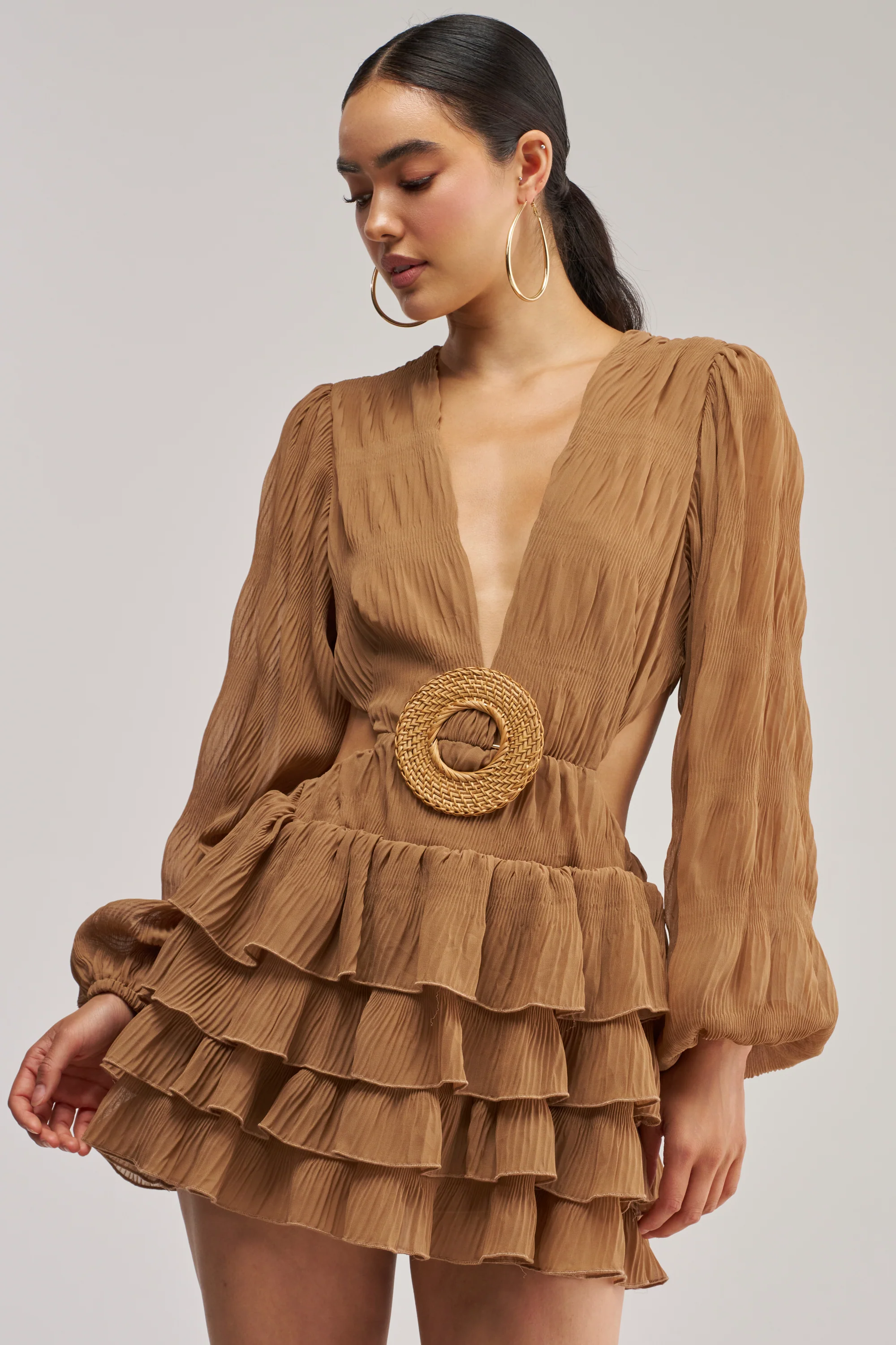 ON ISLAND TIME RUFFLED MINI DRESS IN TAUPE - Akira Store