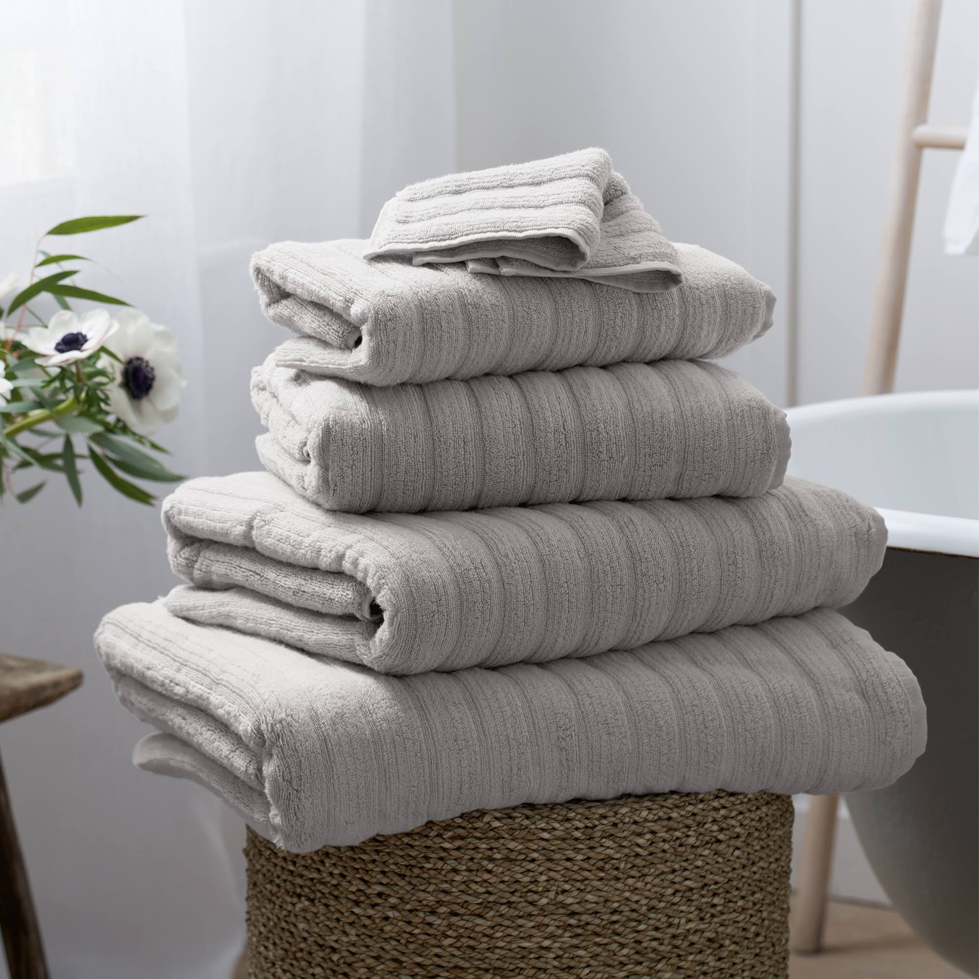 The White Company Pearl Grey Ribbed Hydrocotton Hand Towel 90cm x 50cm Hand Towel