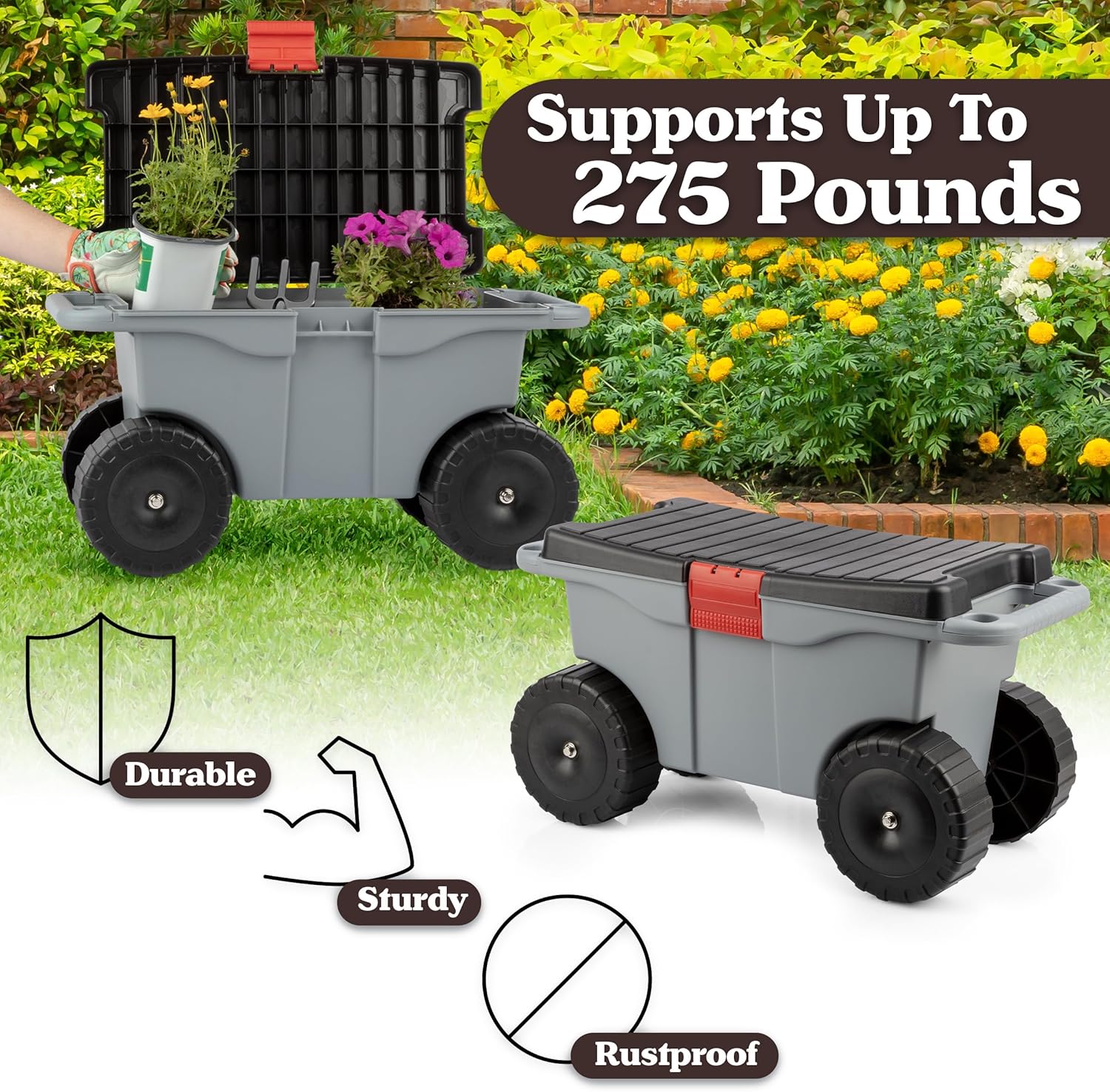 Pure Garden Rolling Garden Cart with Seat, Gray