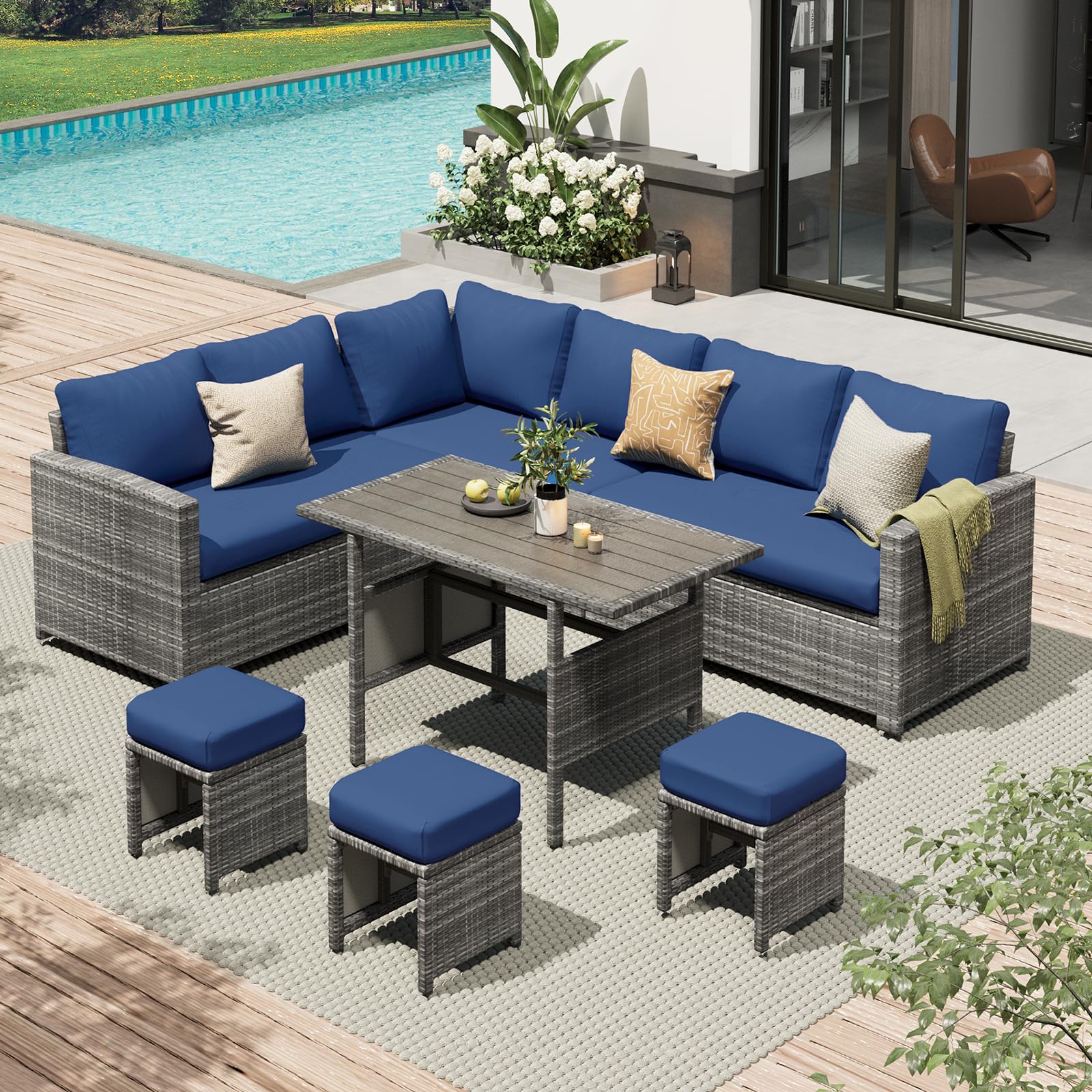 AECOJOY 7 Pieces Outdoor Wicker Rattan Dining Sofa Set with Waterproof Cover, Grey & Blue