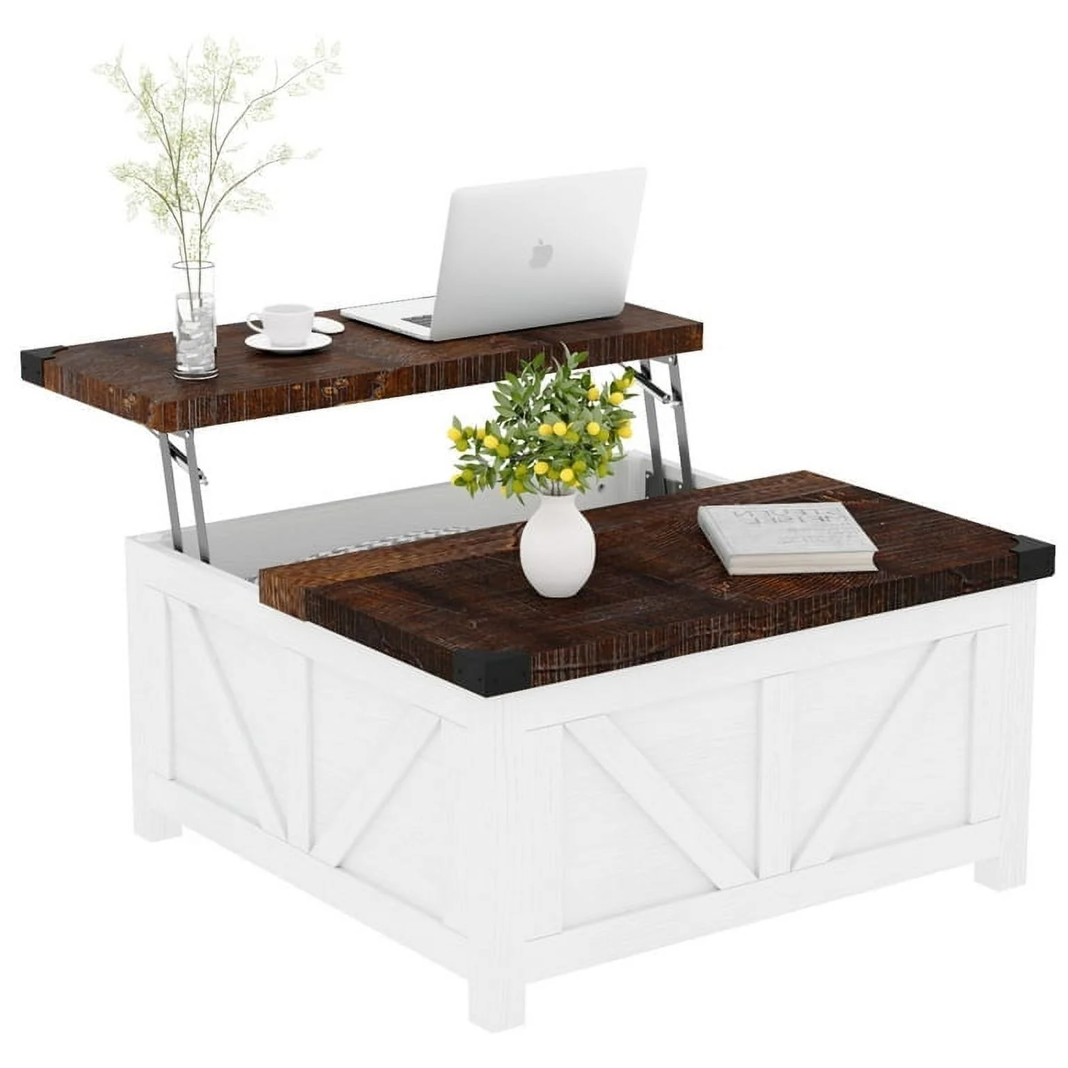 Chvans 35.6" Square Lift Top Coffee Table, Farmhouse Coffee Table with Storage & Charging Ports, Wood Center Table W/Large Hidden Space for Living Room Home Office