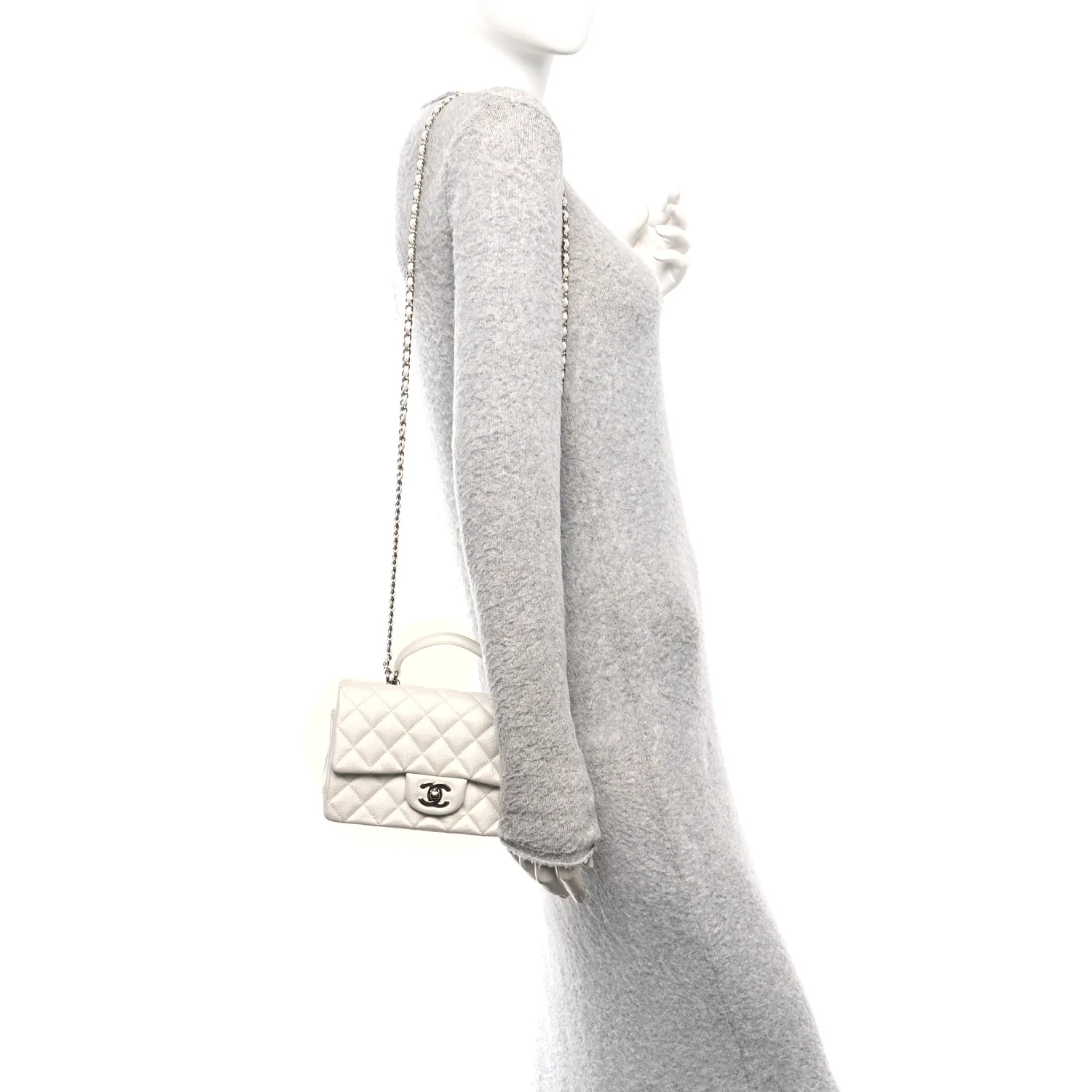 Metallic Caviar Quilted Mini Top Handle Rectangular Flap White
