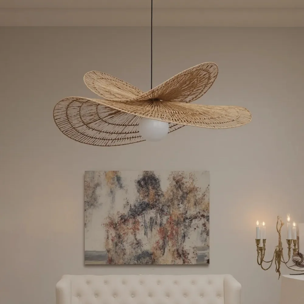 Arturesthome Vintage Handmade Rattan Woven Creative Double-Layer Straw Hat Pendant Light