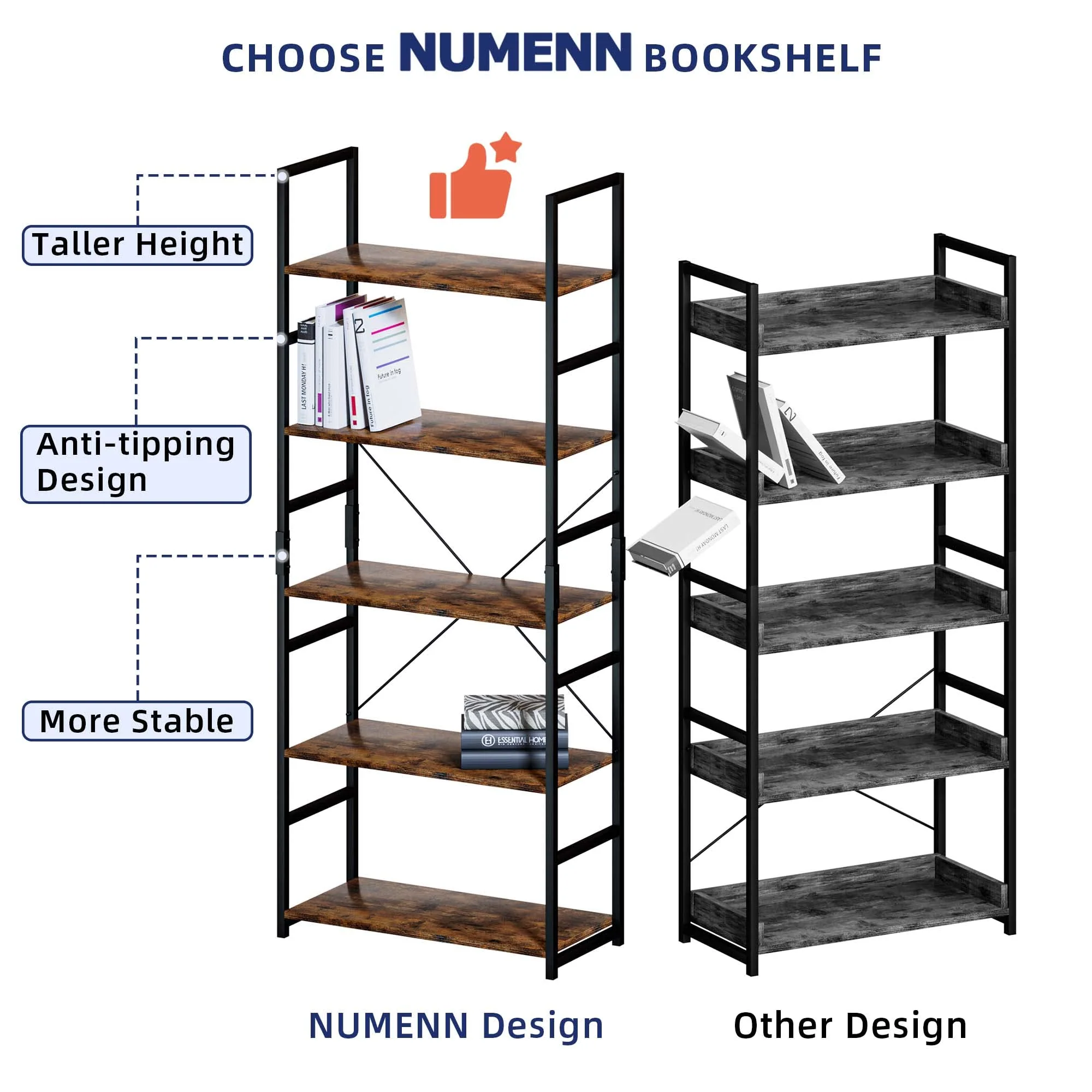 NUMENN 5 Tier Bookshelf. Tall Bookcase Shelf Storage Organizer