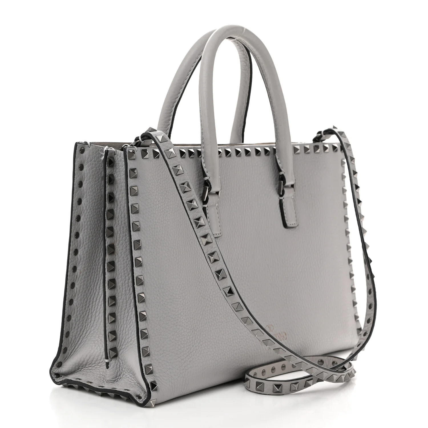 Grained Calfskin Medium Rockstud Double Handle Horizontal Tote Pastel Grey