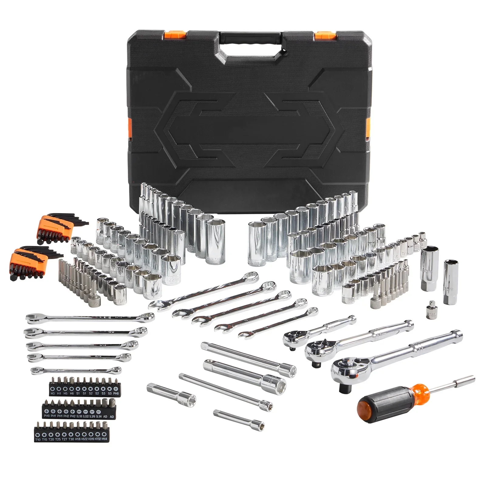 KFFKFF Mechanics Tool Set and Socket Set, 1/4 and 3/8 Drive Deep & Standard Sockets, 205 Piece SAE and Metric Mechanic Tool Kit with Bits, Combination Wrench, Hex Wrenches, Accessories