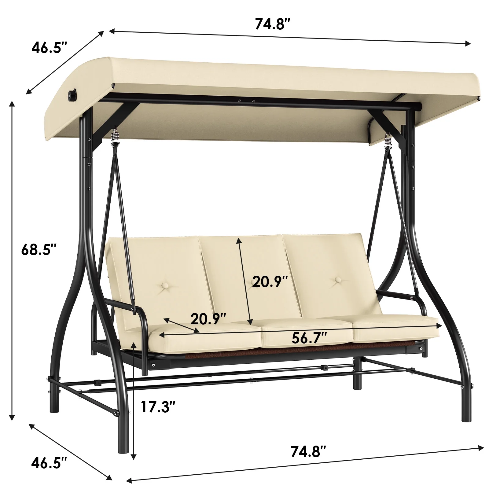 3 Person Porch Swing Outdoor Converting Canopy Swing Glider with Canopy(Beige) - Image 2