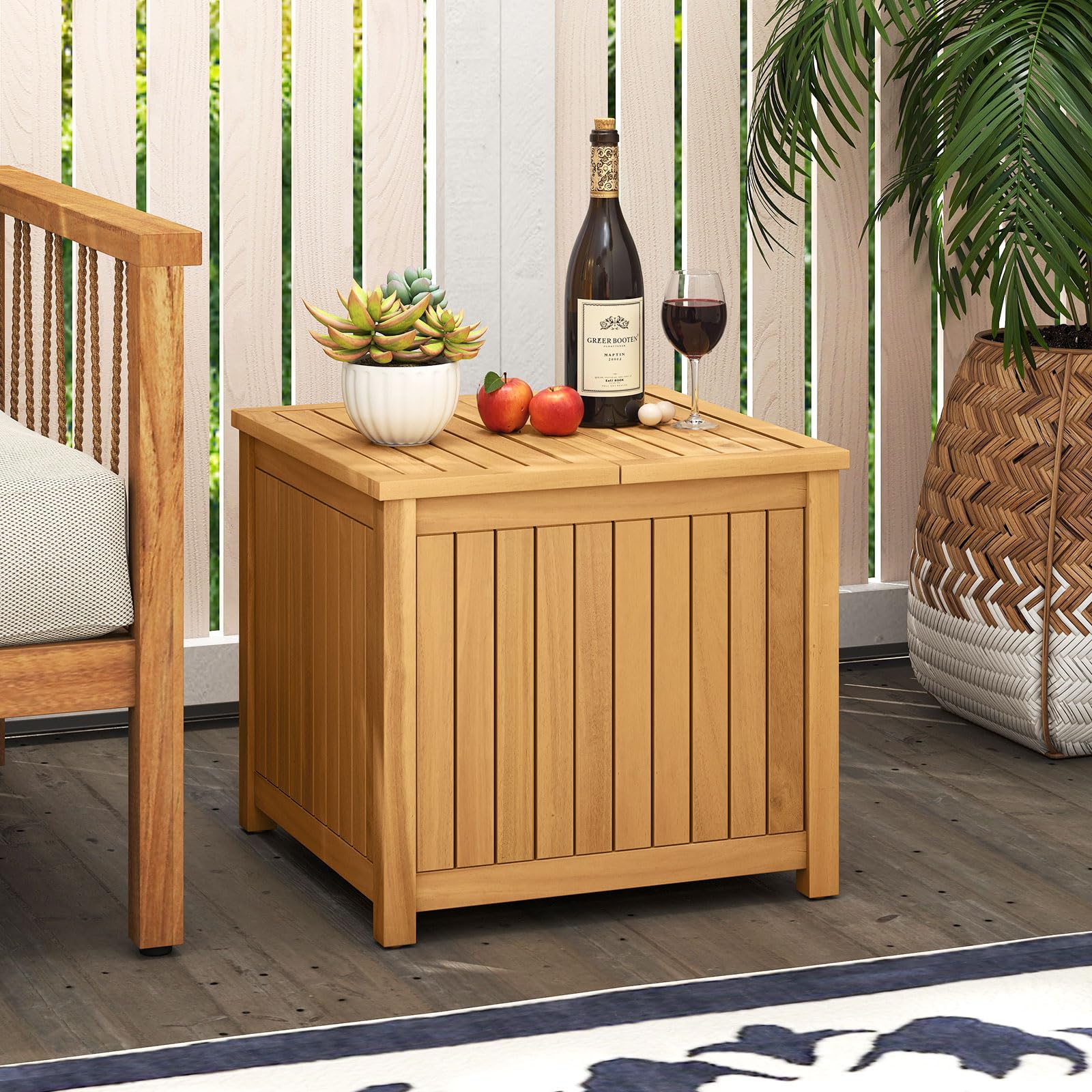 Tangkula 2-in-1 Outdoor Side Table with Storage Acacia Wood Slatted Coffee Table Square Slatted End Storage Box