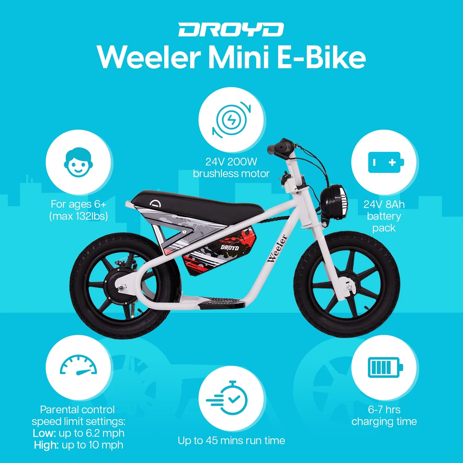 Weeler Electric Mini Bike 24V 8Ah Battery, 6-10 MPH, Up to 8 Miles, LED Lights, Kids Ages 6+(White) - Image 4