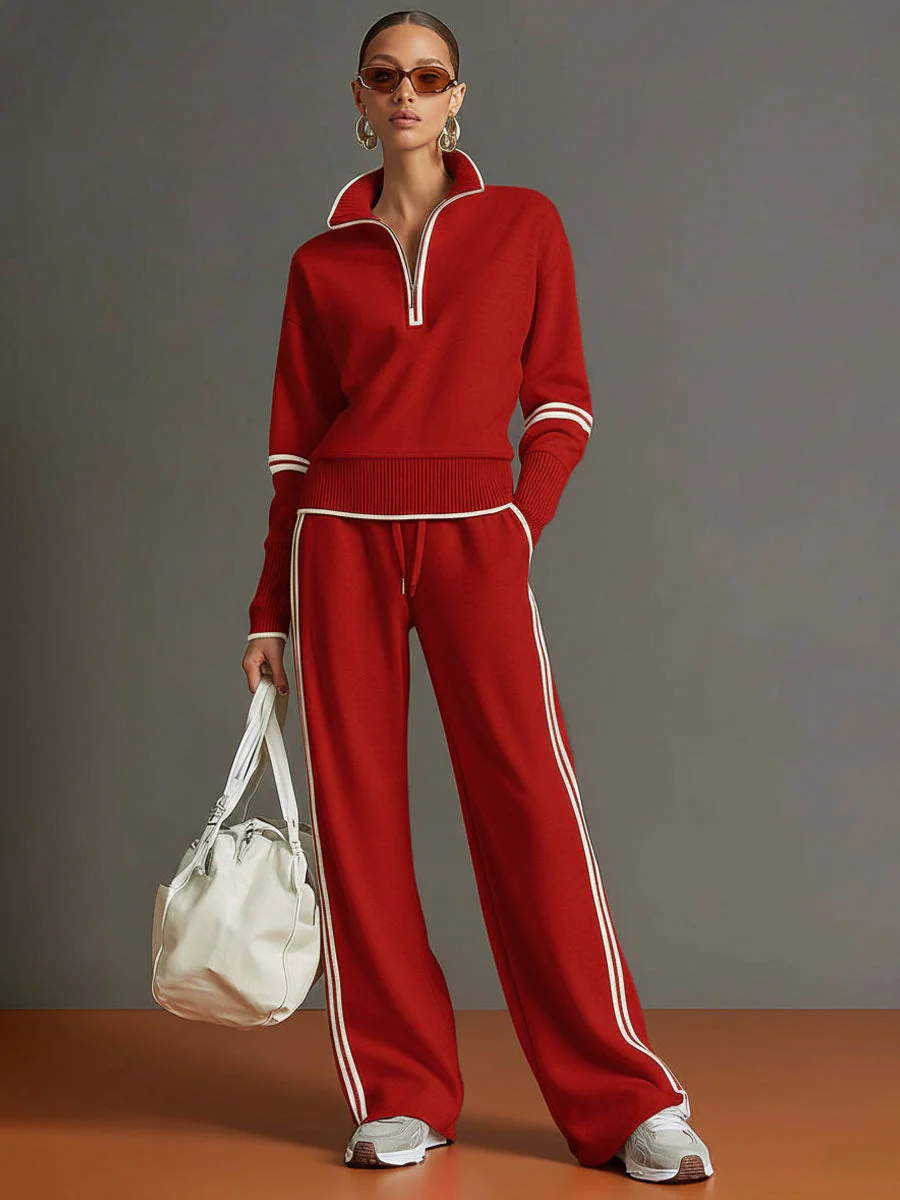 Ensemble sweat à demi-fermeture éclair et pantalon à jambes larges
