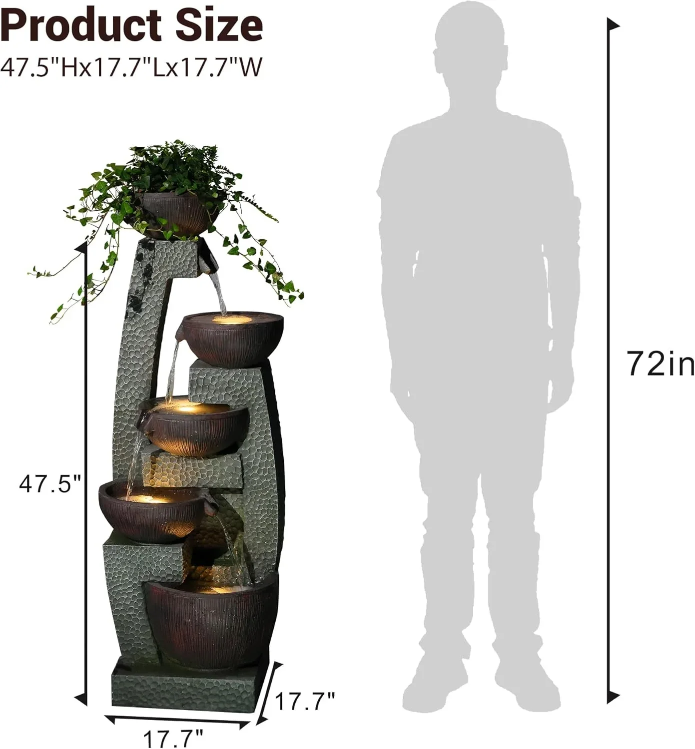 47.5 H Water Fountain Outdoor with LED Lights & Pump, 5-Tier Cascading Outdoor Fountain for Garden,Patio,Porch,Backyard,Home Art Decor Gifts for Housewarming