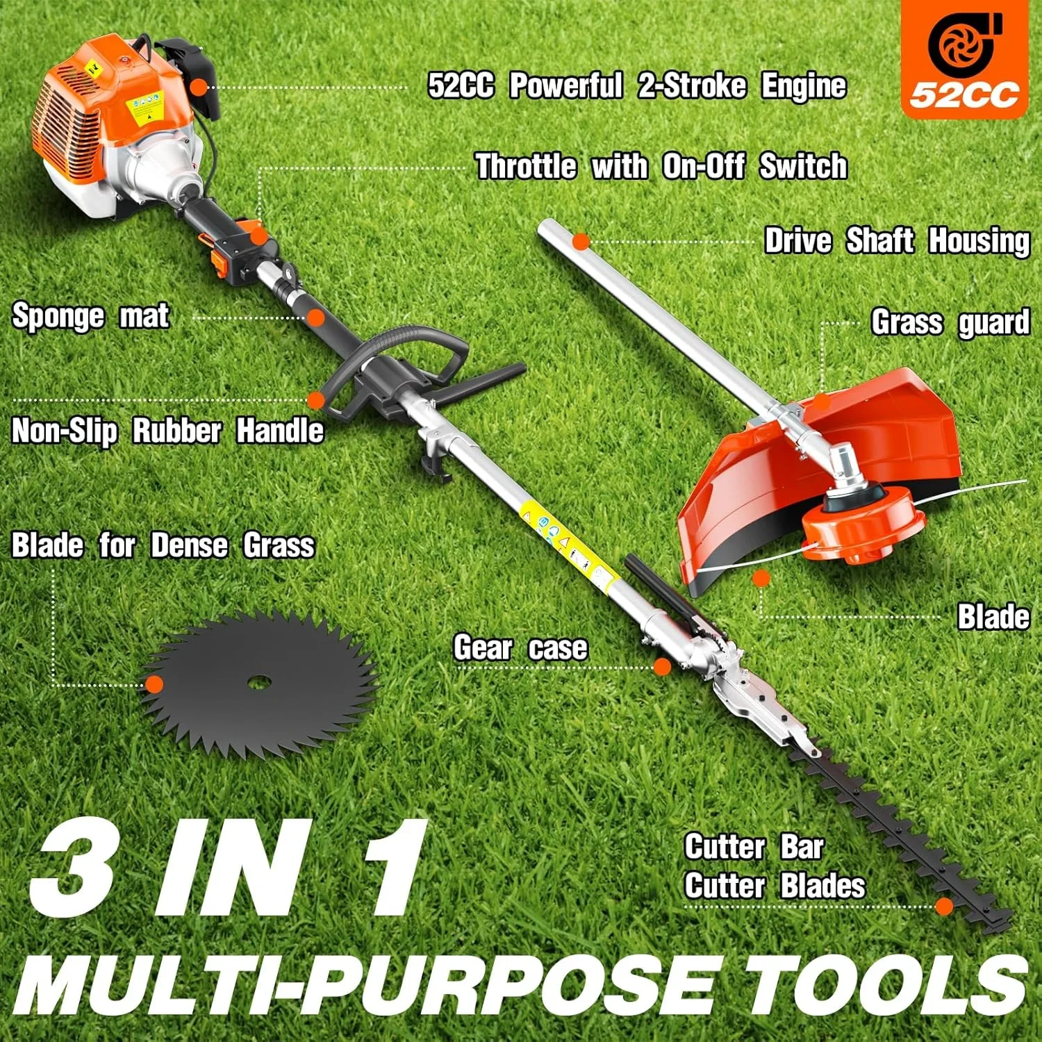 Zhixing 52CC 2-stroke 3-in-1 petrol lawn mower hedge trimmer, multifunctional garden pruning tool with weeder head + hedge blade, powerful lawn and tree trimmer, home gardening care machine