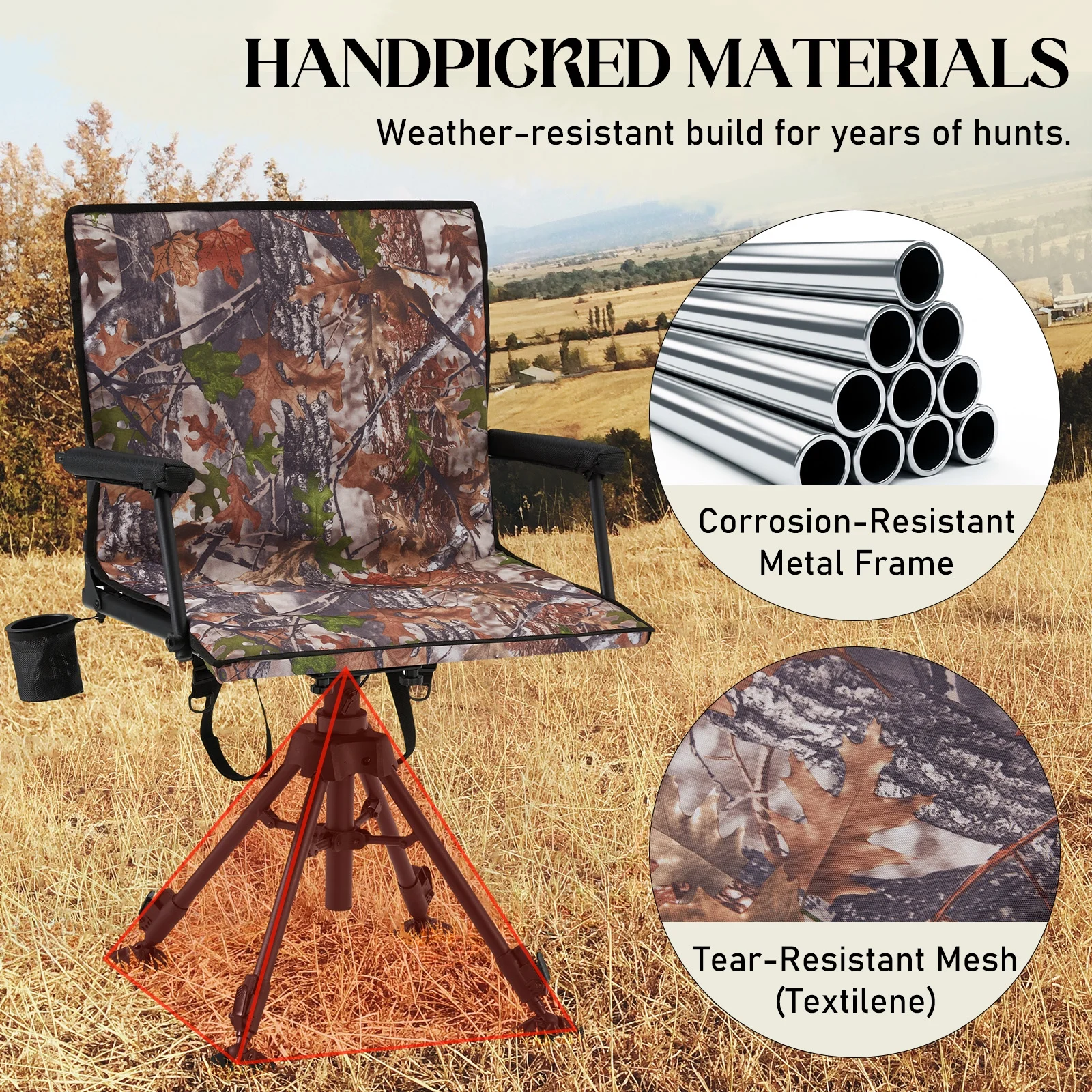 360�� Silent Camo Hunting Blind Chair, Armrests, Side Pouch, Telescopic Legs(Camouflage) Image 6