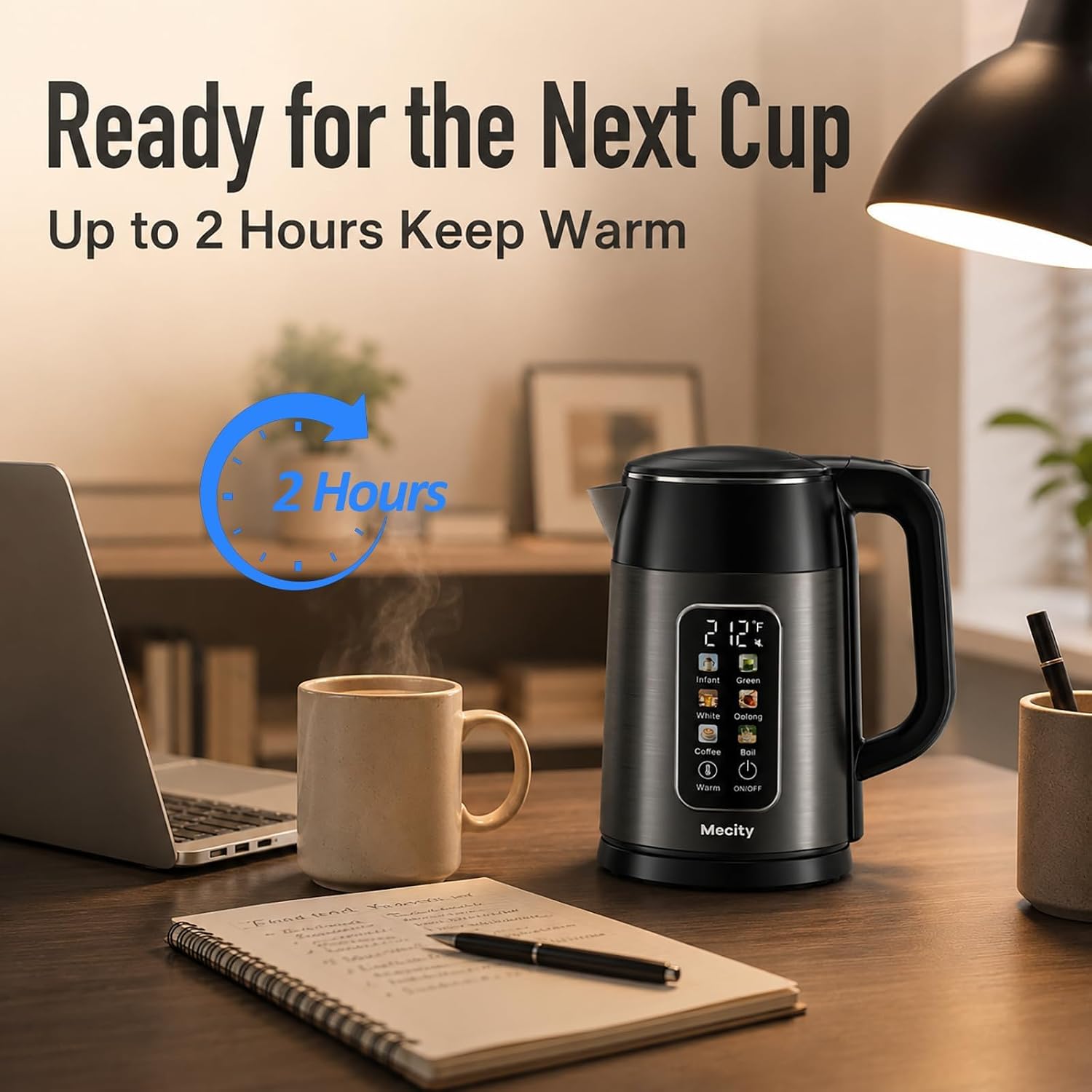 Mecity Electric Kettle 1.7L Touch Screen Temperature Control Water Boiler, No Plastic Contact with Water6 Preset Temperature Programs, 2 Hours Keep Warm, Auto Shut Off, Dark Grey