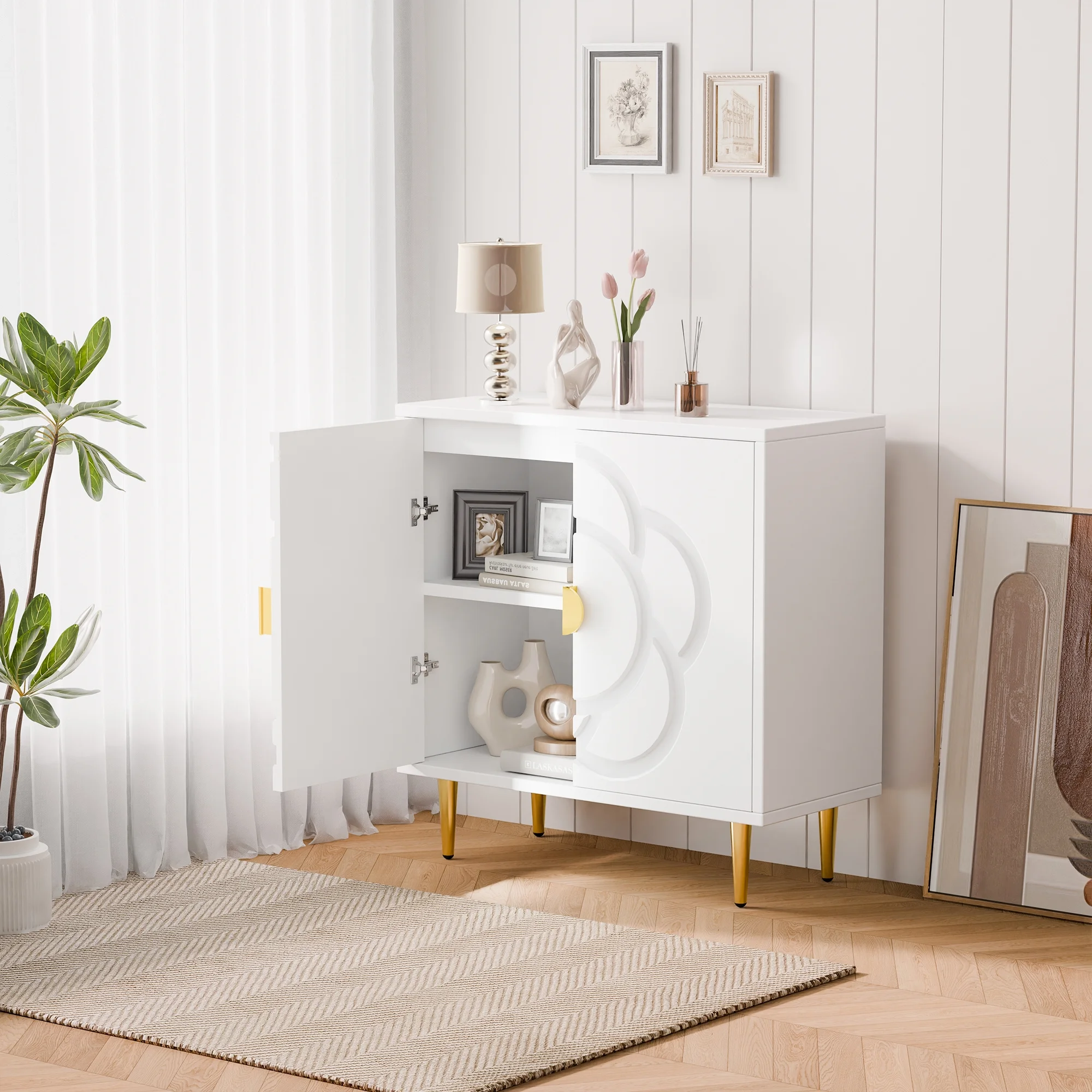 Modern Sideboard Buffet Cabinet with Flower Pattern Panel, 6 Shelves, White(white) - Image 2