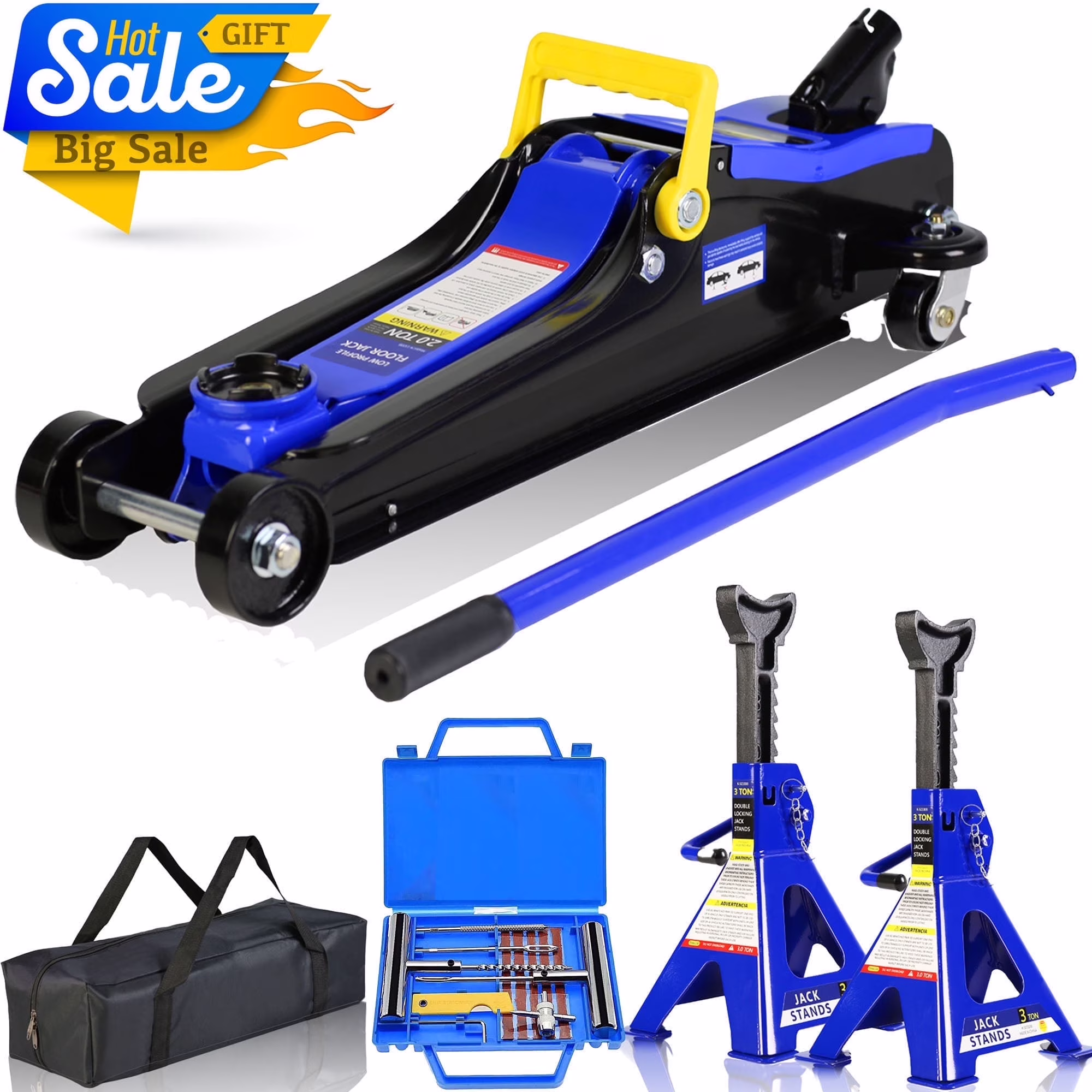 Floor Jack, 2 Ton Low Profile Floor Jack, 3t jack stand Tire Repair Kit Heavy Duty Steel Racing Floor Jack with Single Piston Quick Lift Pump, Floor Jack Lifting Range 3.3"-15.2"(2T-1-Blue)