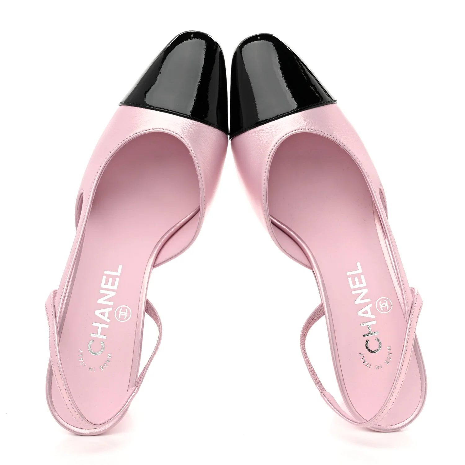 Laminated Lambskin Patent Cap Toe CC Slingback Pumps 37 Light Pink Black