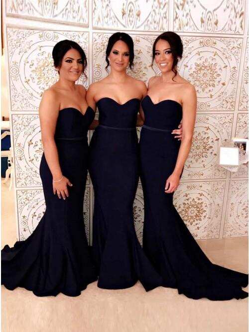 Mermaid Sweetheart Sweep Train Navy Blue Long Bridesmaid Dress DMR92