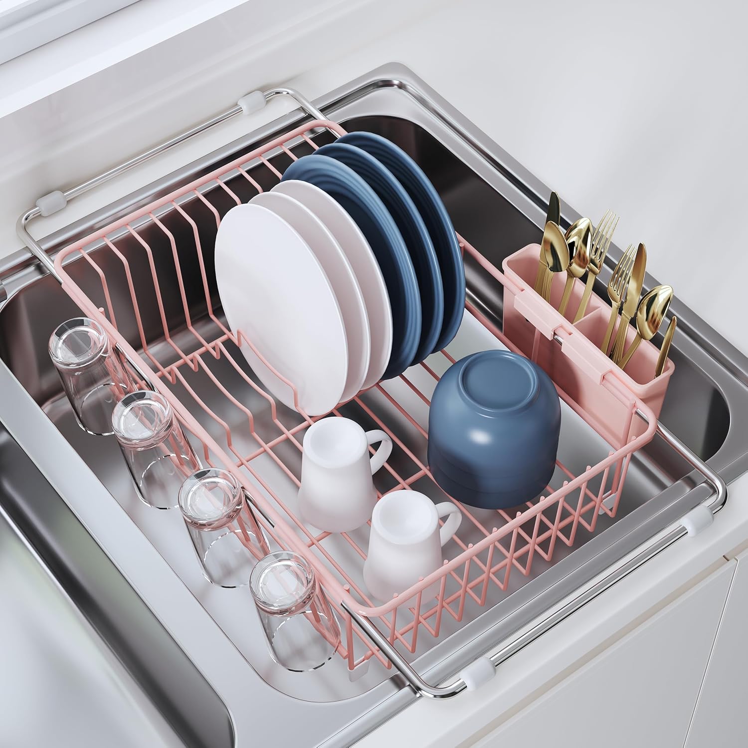 JASIWAY Dish Drying Rack in Sink, Dish Drainer with Cup and Utensil Holder