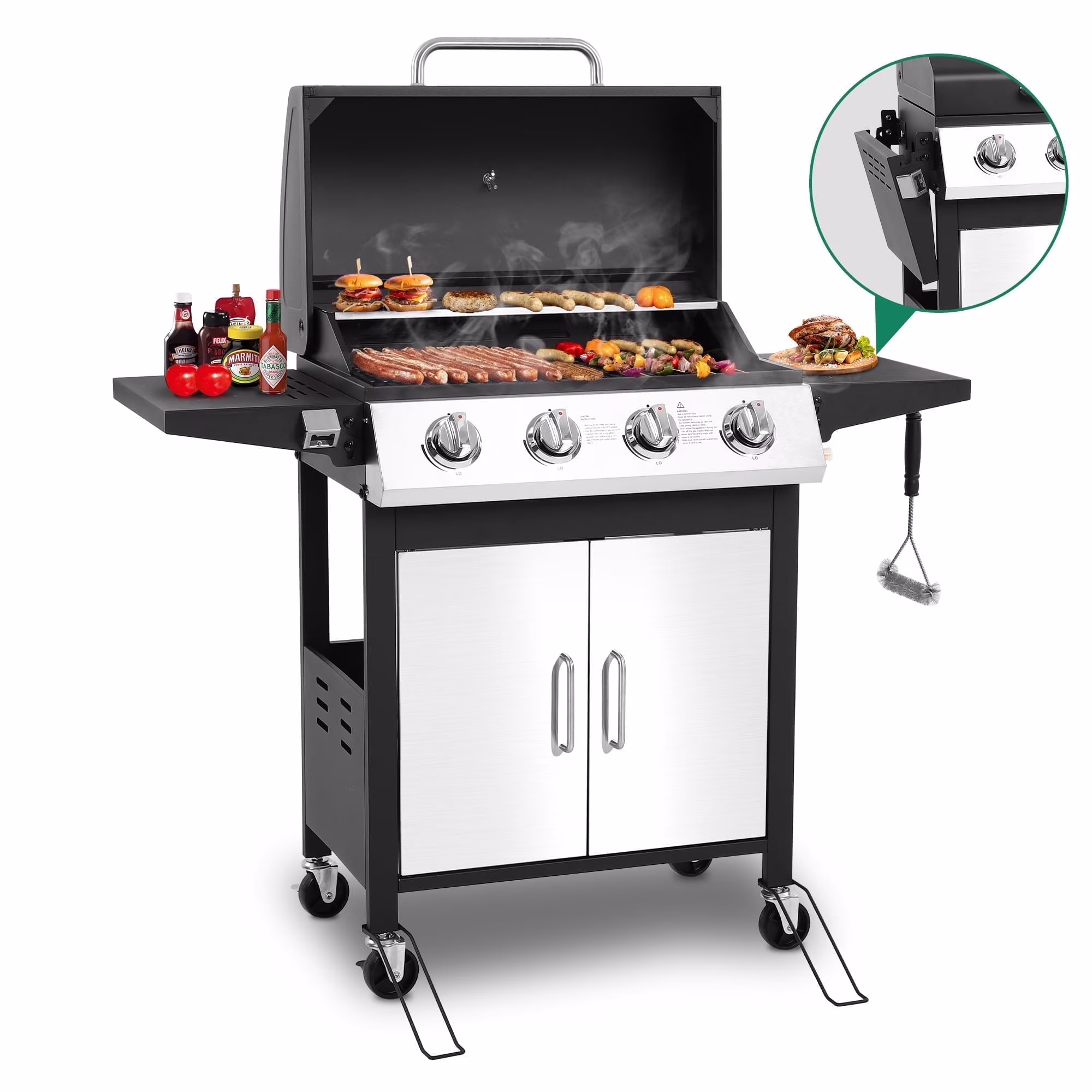4-Burner Gas Grill with 4 Universal Wheels Bottle Opener, 40000BTU Outdoor Grill with Side Table for Camping, Black Sliver(4-Burner (40000 BTU))