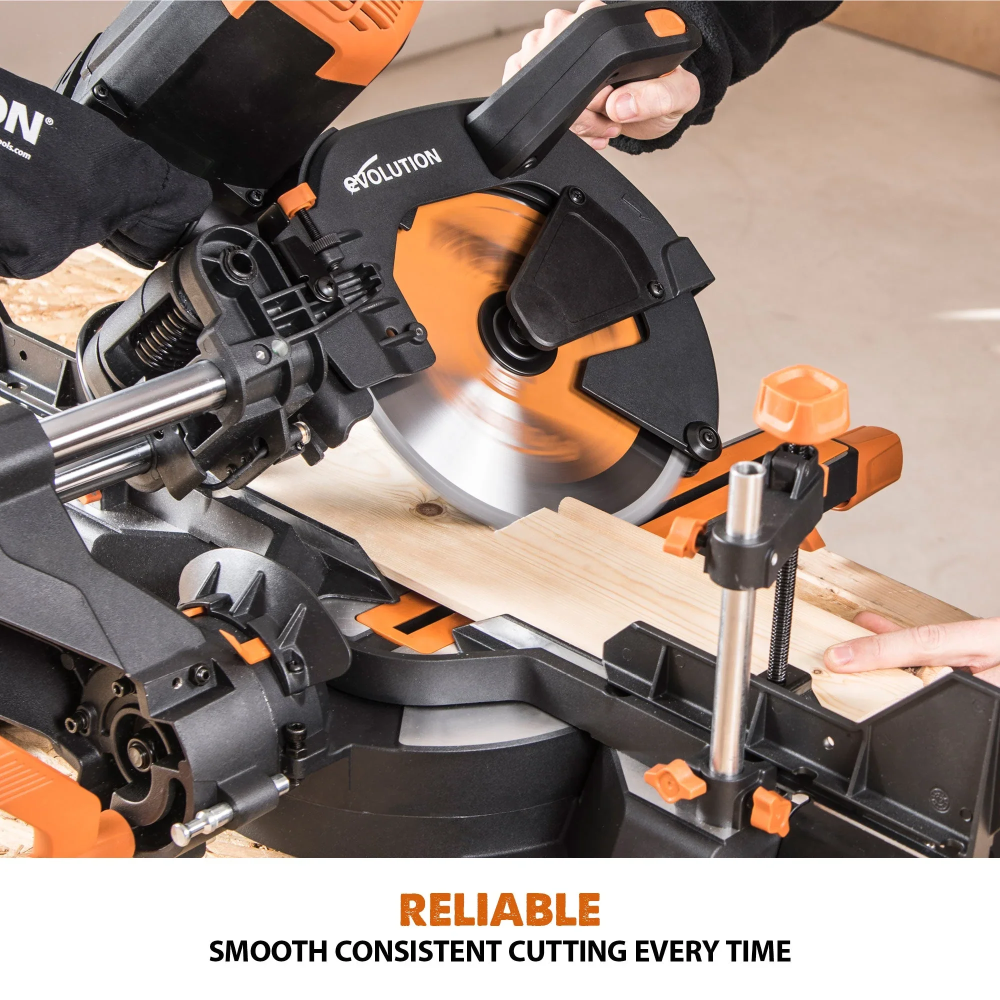 Evolution R255SMS-DB+: Dual Bevel Sliding Miter Saw With 10 in. Multi-Material Cutting Blade