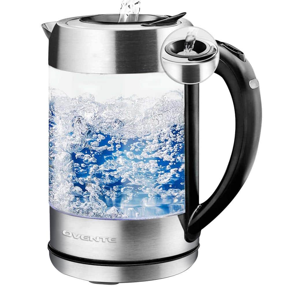 Ovente 7-Cup 1.7 L Silver Glass Electric Kettle with ProntoFill Technology-Fill Up with Lid on