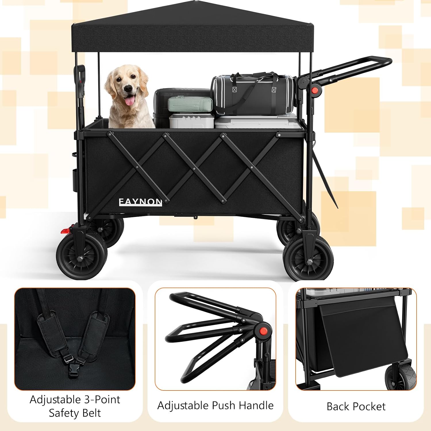 3 in 1 Collapsible Wagon with 300lbs Weight Capacity, 150L Heavy Duty Utility Cart with Removable Canopy, with Large All-Terrain Beach Wheels & Drink Holders, Black