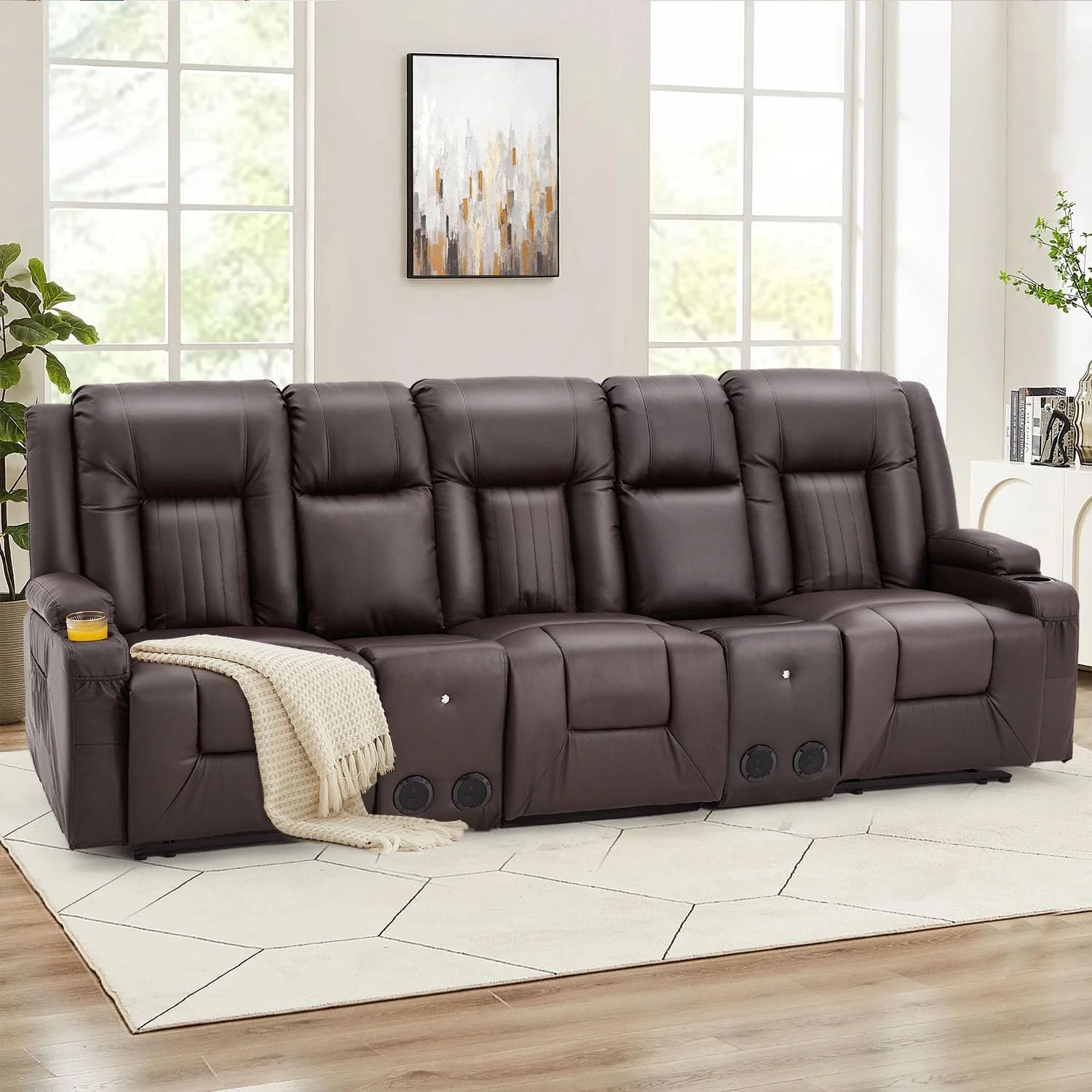 AECOJOY 3 Seater Recliner Sofa with 2 Console&Bluetooth Speakers, Brown