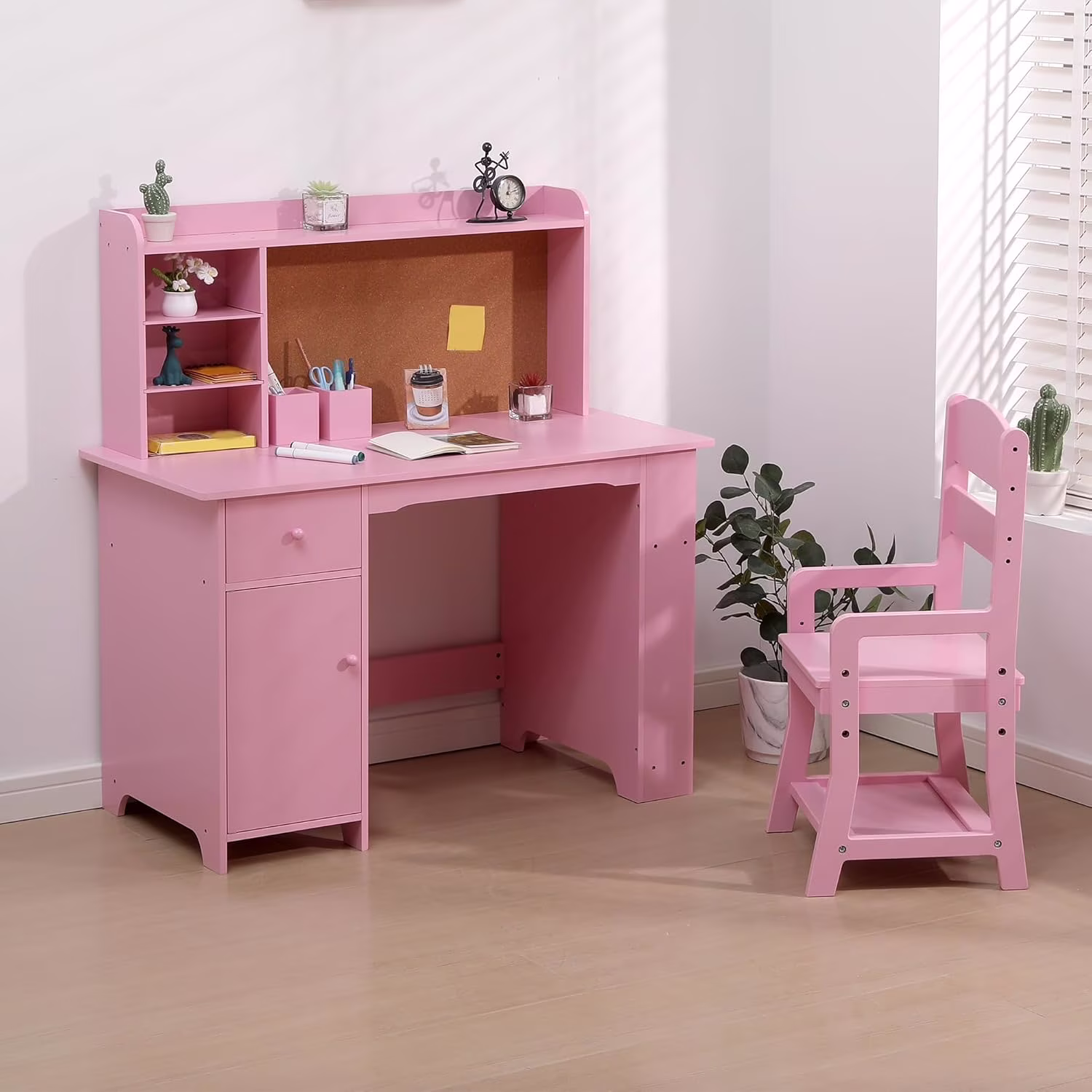 Kids Desk and Chair Set, Study Table with Storage Shelf, Bulletin Board, Children School Learning Desk Set, Writing Table for Boys and Girls, Pink