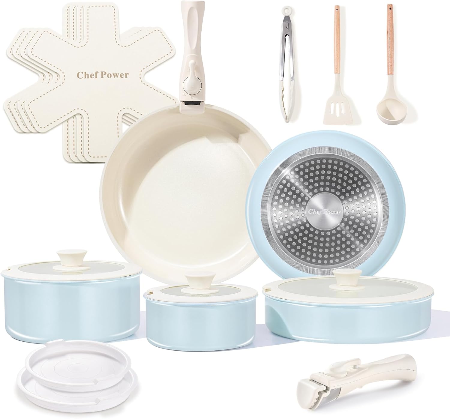 Chef Power Ceramic Cookware Set Non Toxic with Detachable Handles, Healthy Nonstick Pans and Pots Set 19 Pcs, Induction Dishwasher Oven Safe Kitchen Set, PFAS PFOA & PTFE Free, Cream White