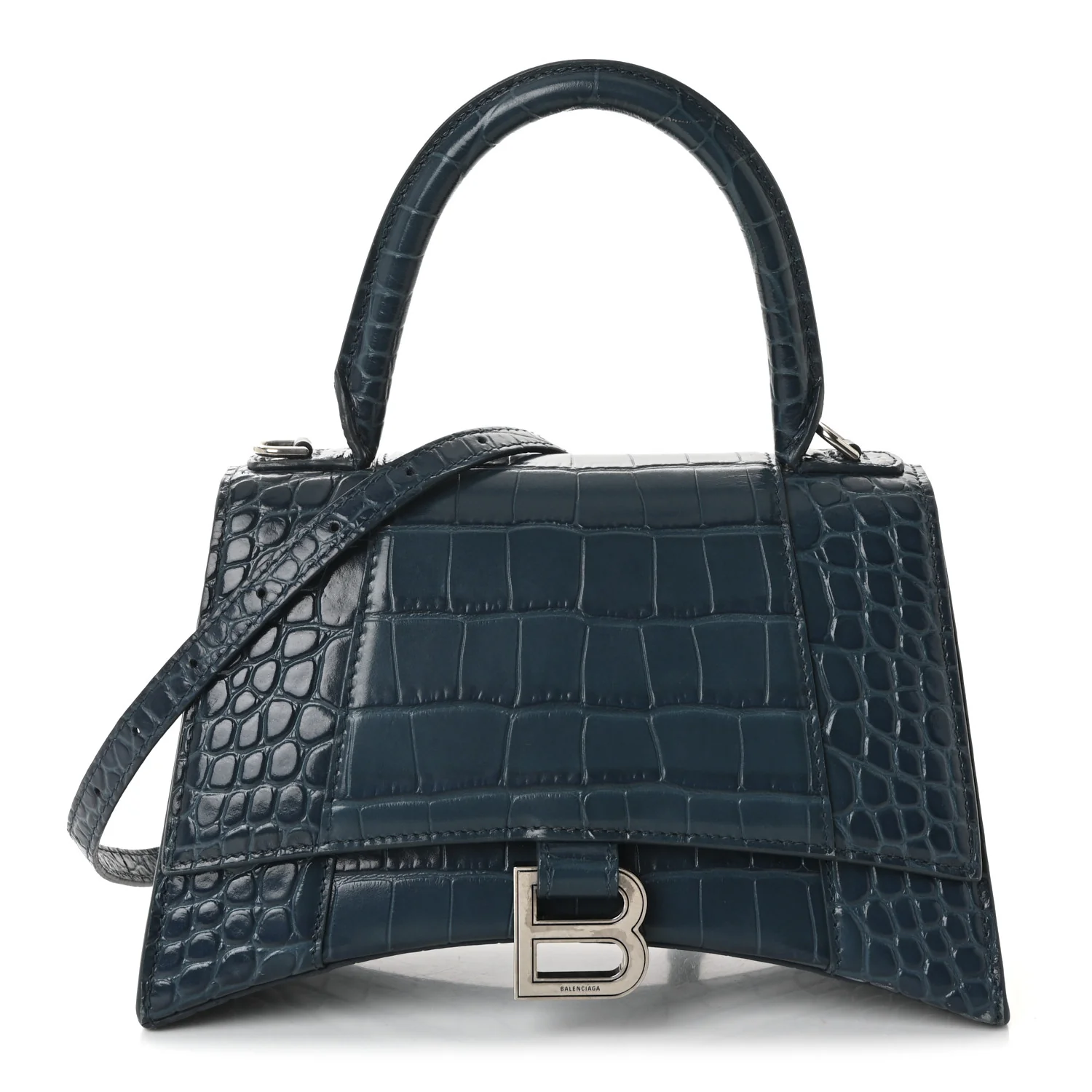 Shiny Calfskin Crocodile Embossed Small Hourglass Top Handle Bag Dark Petrol Blue