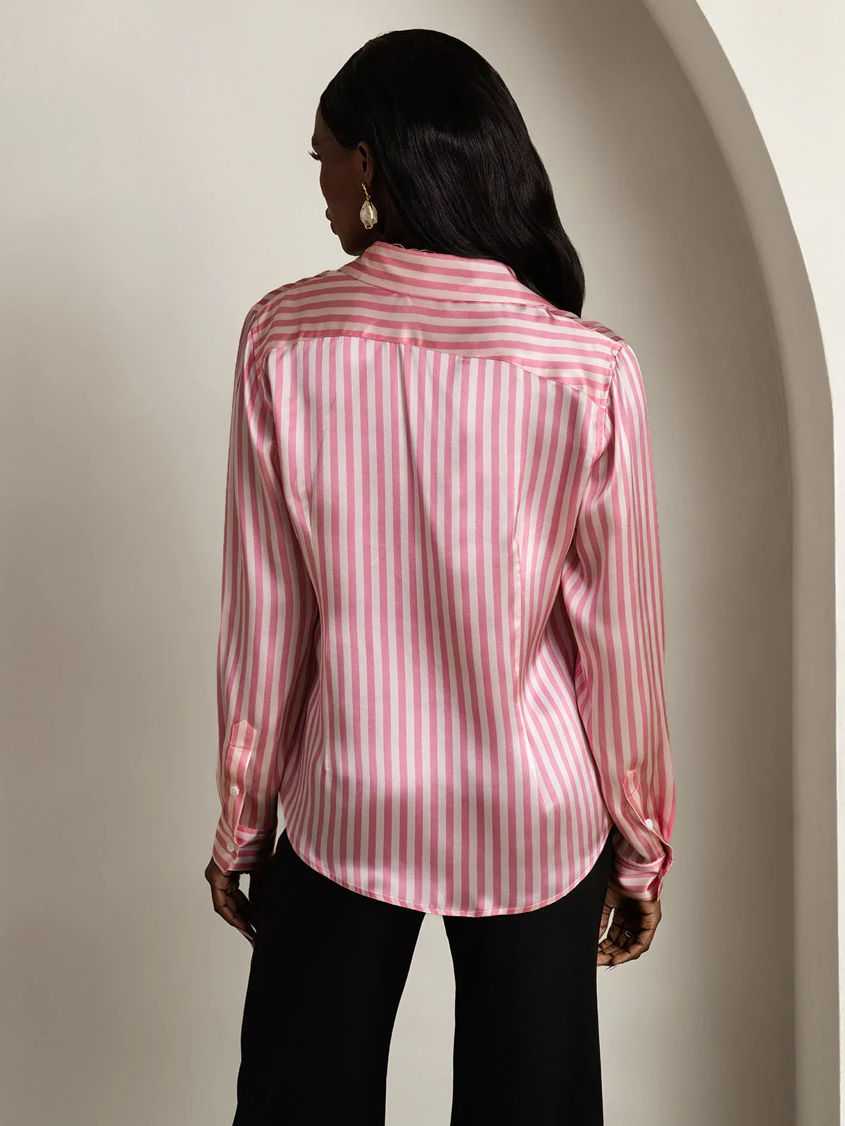 19Momme Silk Stripe Print Long Sleeve Lapel Collar Women's Shirt