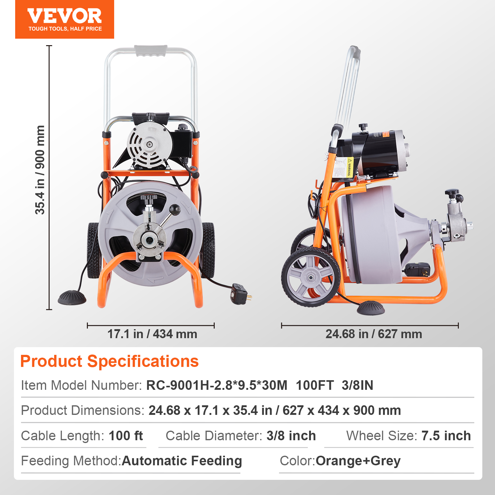 Drain Cleaner Machine 100FT x 3/8 Inch, Auto Feed Sewer Snake Drain Auger on Wheels, Portable Drain Cleaning Machine with 8 Cutters Air-activated Foot Switch for 2" to 4" Pipes - Image 8