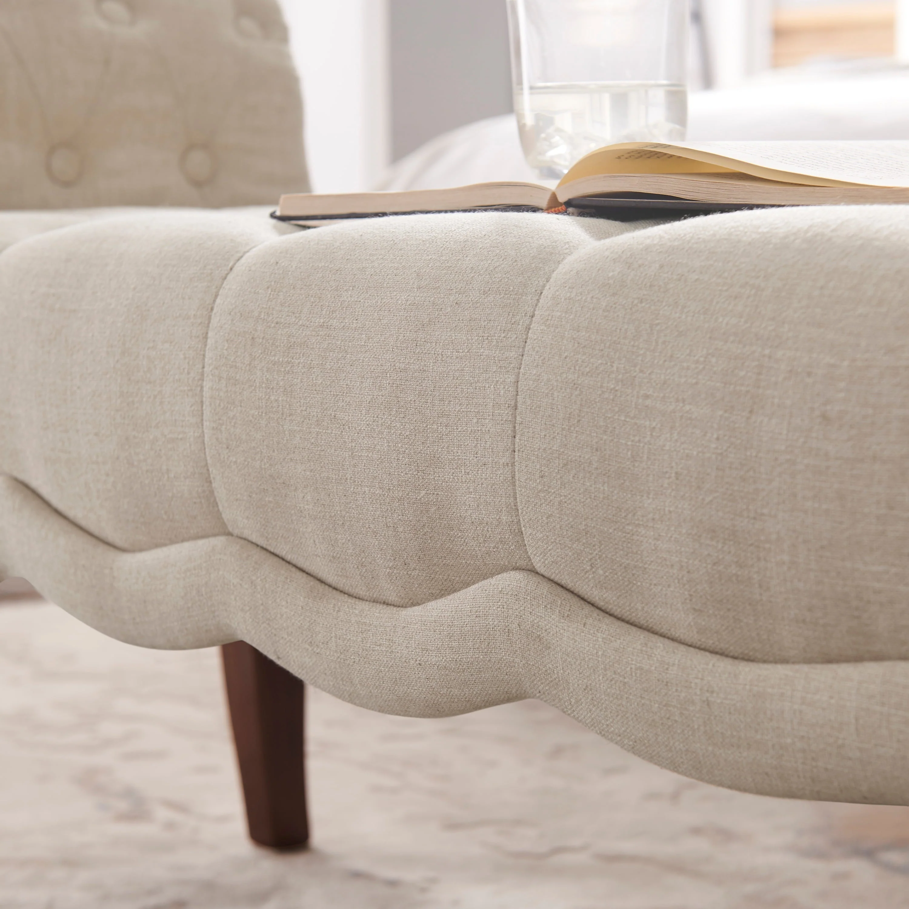 Menlo Rolled Arm Button Tufted Bench, Dark Walnut Finish with Natural Fabric(Dark Espress) Image 3