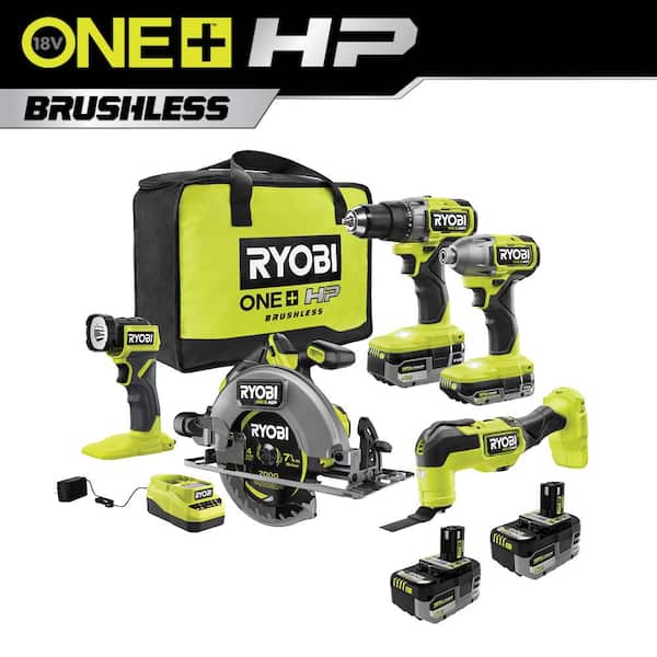 ONE+ HP 18V Brushless Cordless 5-Tool Combo Kit w/ (2) Batteries, Charger, Bag FREE (2) 6.0 HIGH PERFORMANCE Batteries