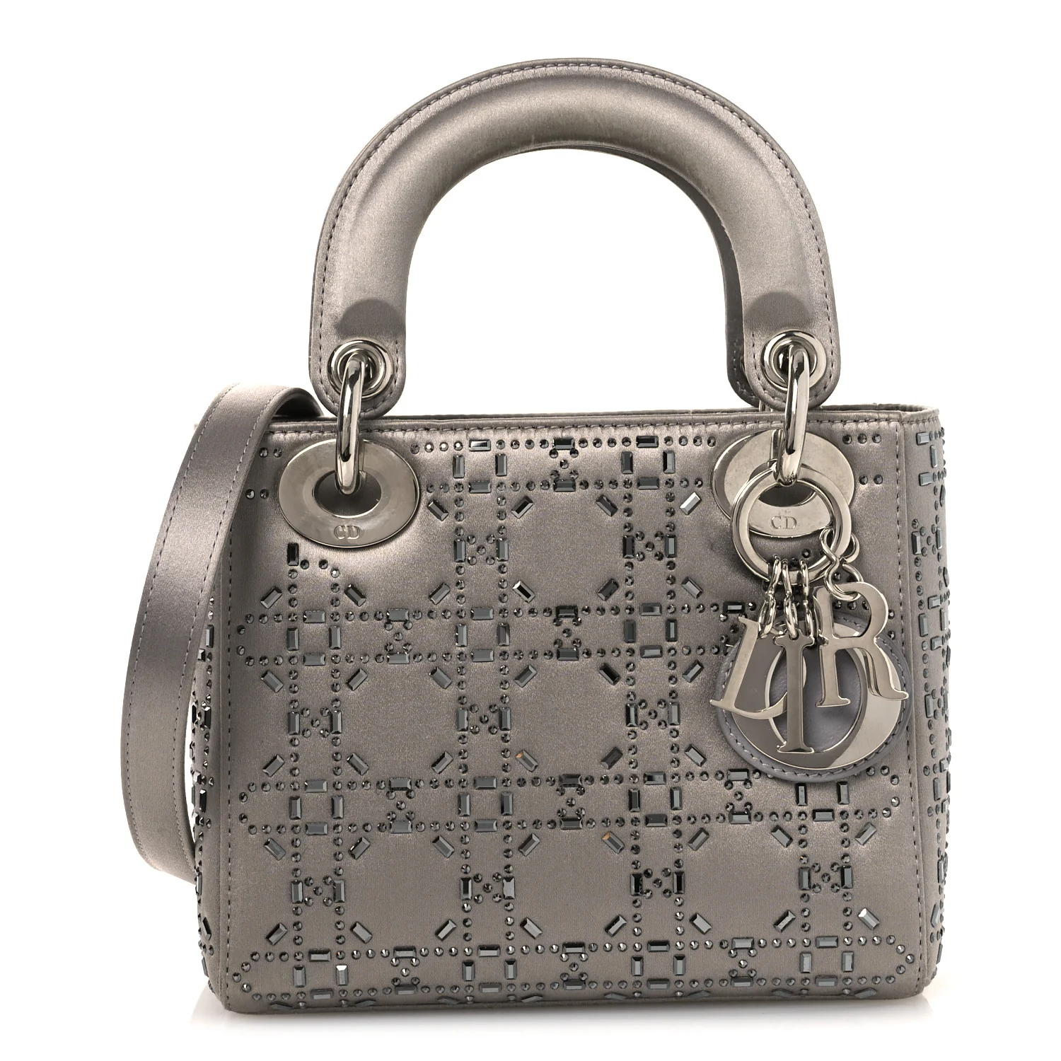 Satin Crystal Cannage Mini Lady Dior Gray