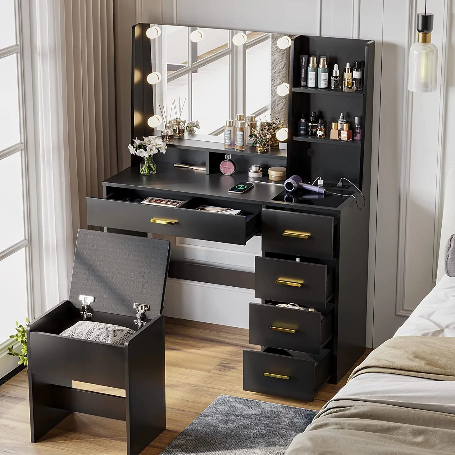 Black Vanity Set with Lights Charging Station Cushioned Stool, Modern Makeup Vanity Desk Table with Visible Drawers and Open Storage Shelves for Women Girls(Black) - Image 2