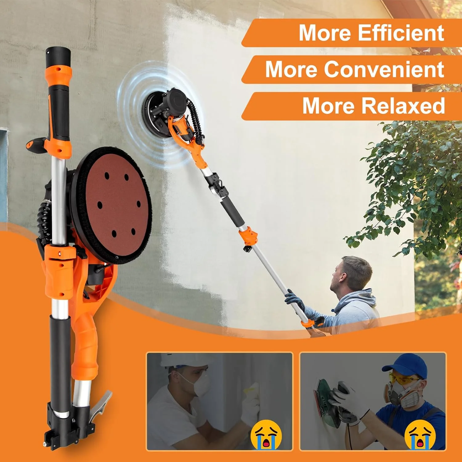Drywall Sander, 1000W Popcorn Ceiling Removal Tool, Automatic Drywall Sander with Vacuum Dust Collection, LED Light, 6 Variable Speed 800-2200RPM,15Pcs Sanding Discs, Foldable Extendable Handle - Image 3