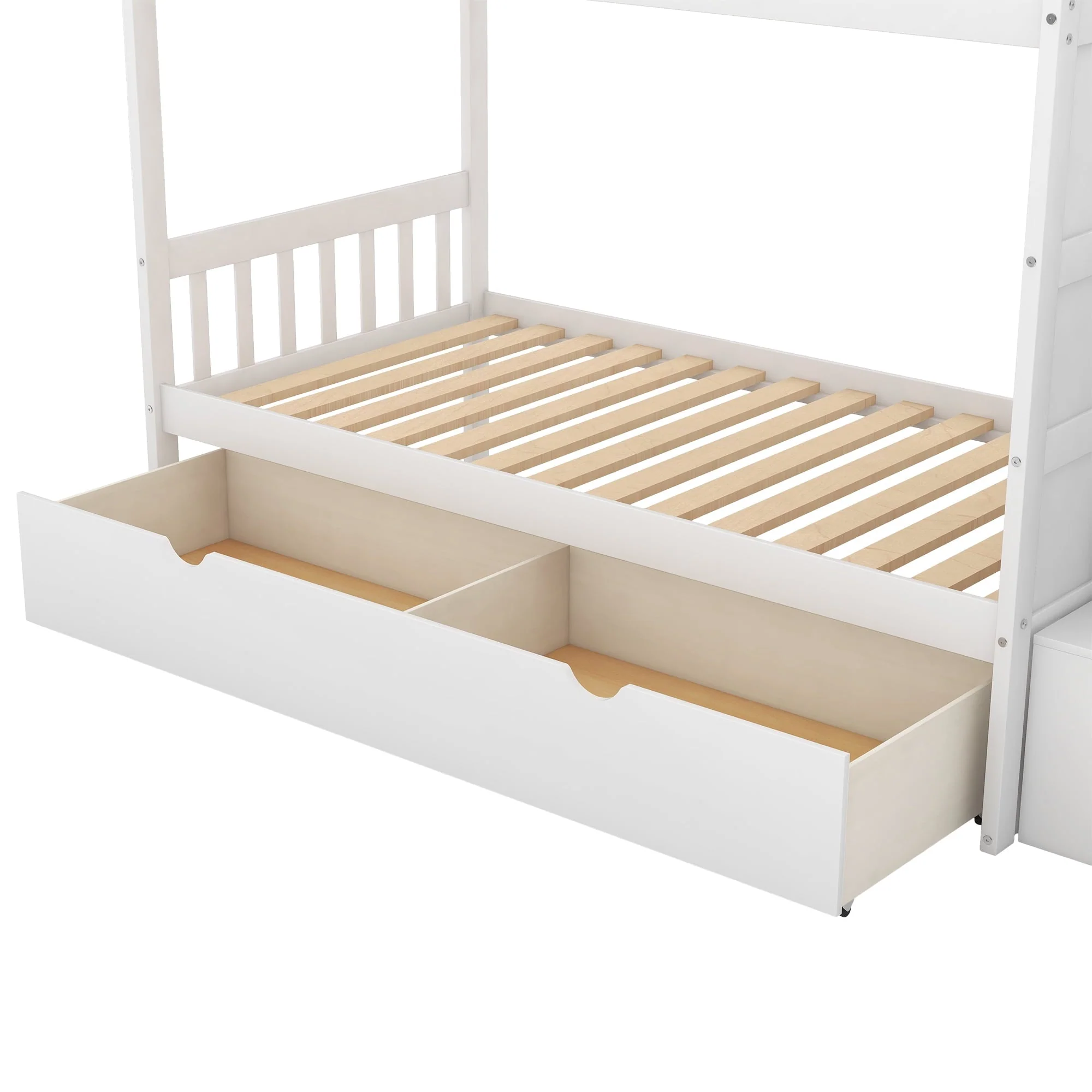 Twin over Twin Bunk Bed with Drawer and Cabinet for Kids Bedroom, White - Image 8