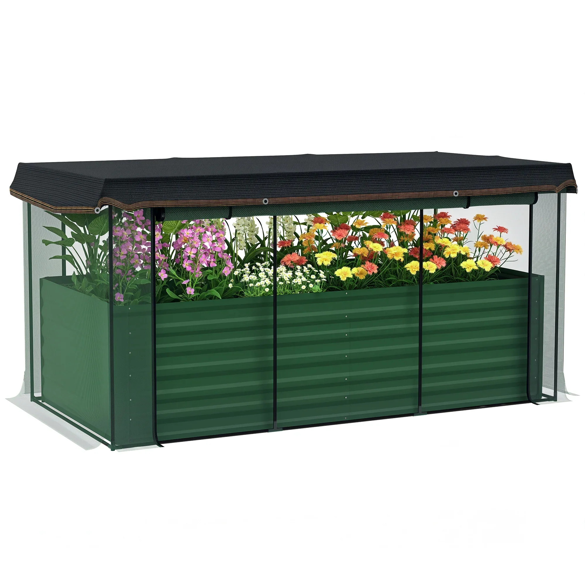 Outsunny Galvanized Raised Garden Bed, Planter Box with Crop Cage and Shade Cloth, Green