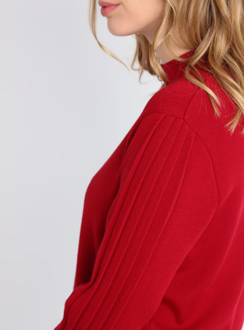 Pull femme en laine mérinos manches fantaisies Rouge foncé